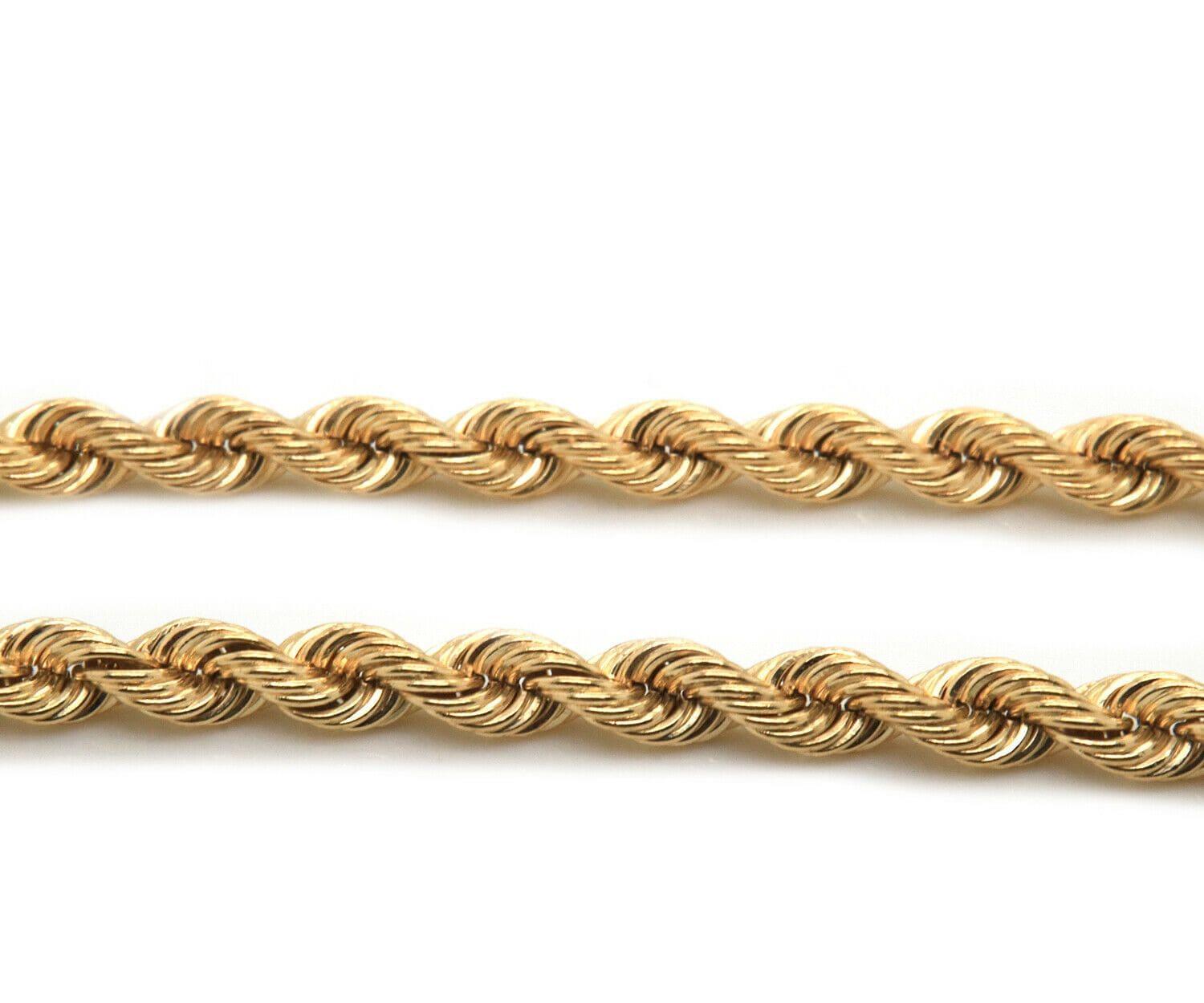 4.2 MM Rope Chain Necklace in 14K

Rope Chain Necklace
14K Yellow Gold
Necklace Width: Approx. 4.2 MM
Necklace Length: Approx. 18.0 Inches
Weight: Approx. 24.10 Grams
Stamped: 14K

Condition:
Offered for your consideration is a previously owned rope