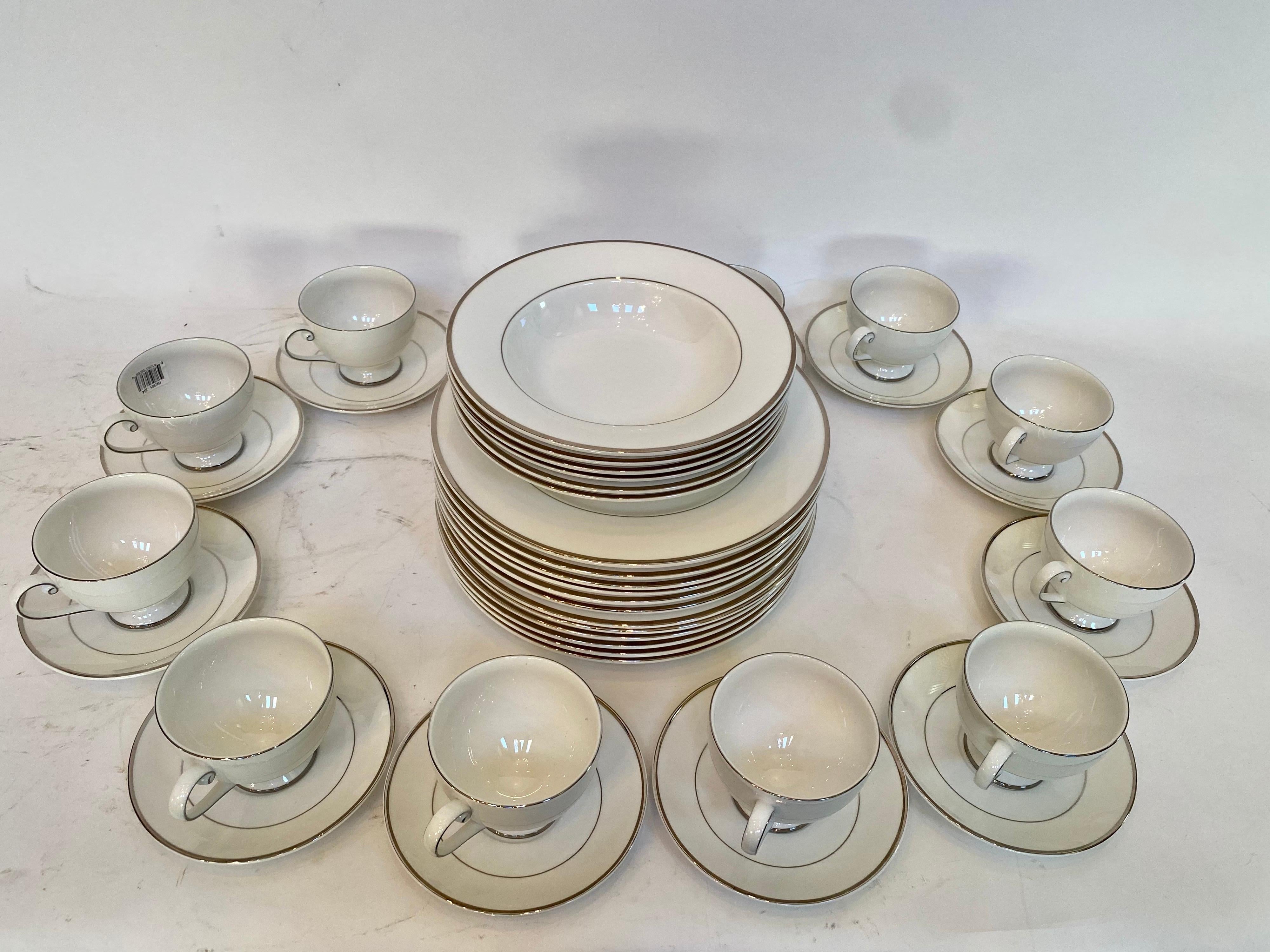 42 pieces Mikasa platinum ultima cameo super strong silver grey white fine china, marked on bottom, 12 pieces of 10.75
