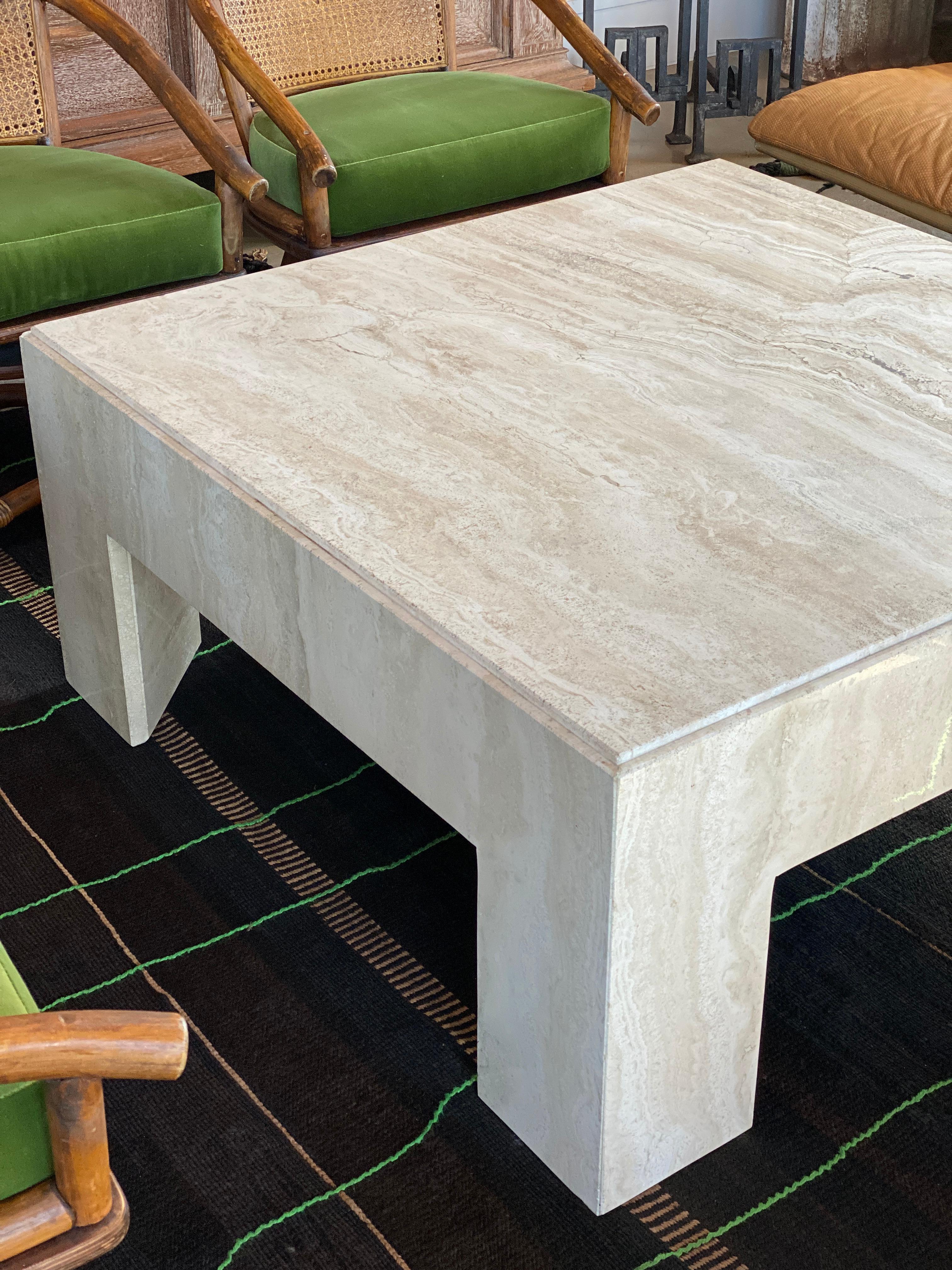 Mid-Century Modern Square Travertine Cocktail Table