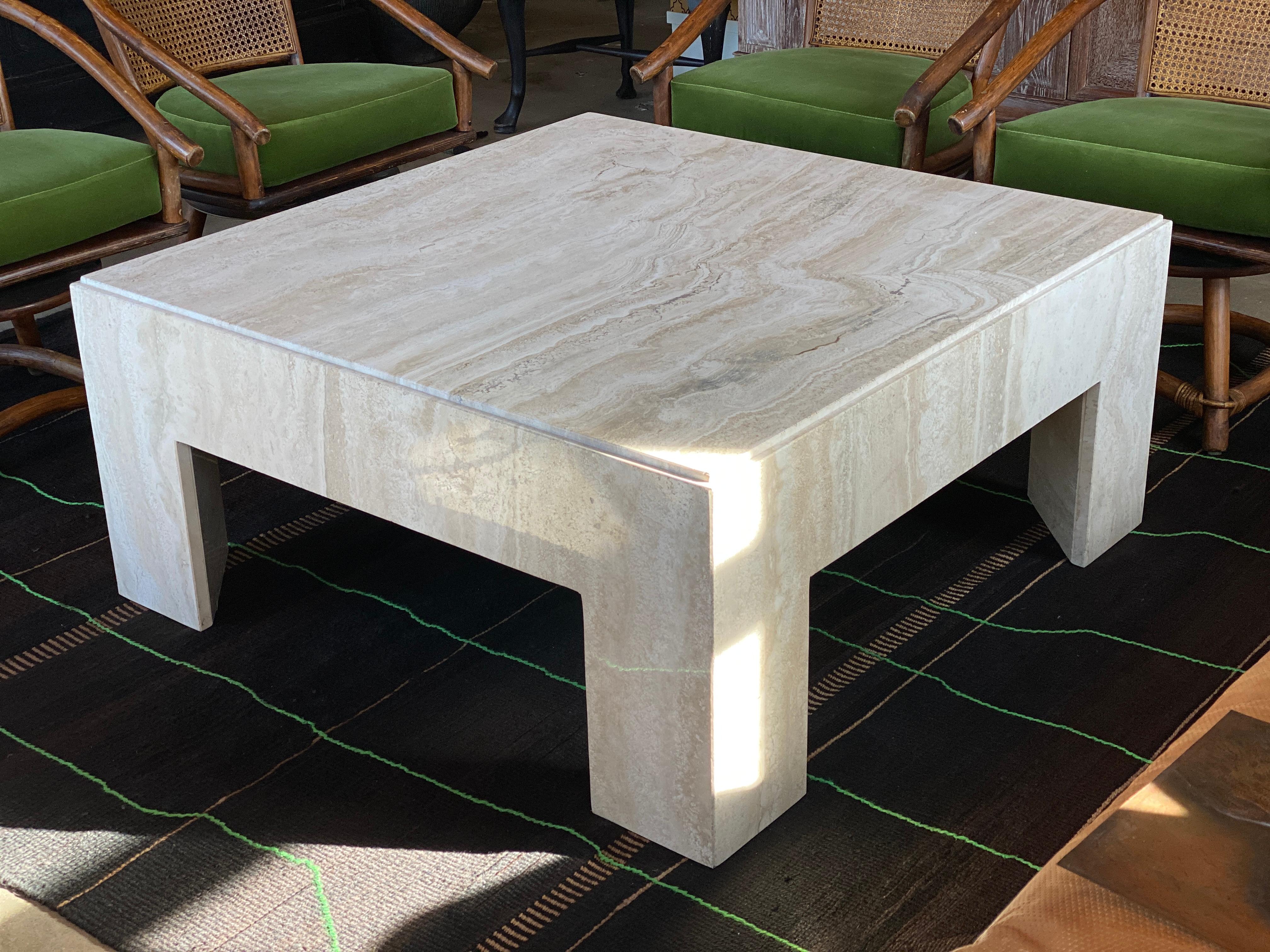 Square Travertine Cocktail Table In Good Condition In Austin, TX