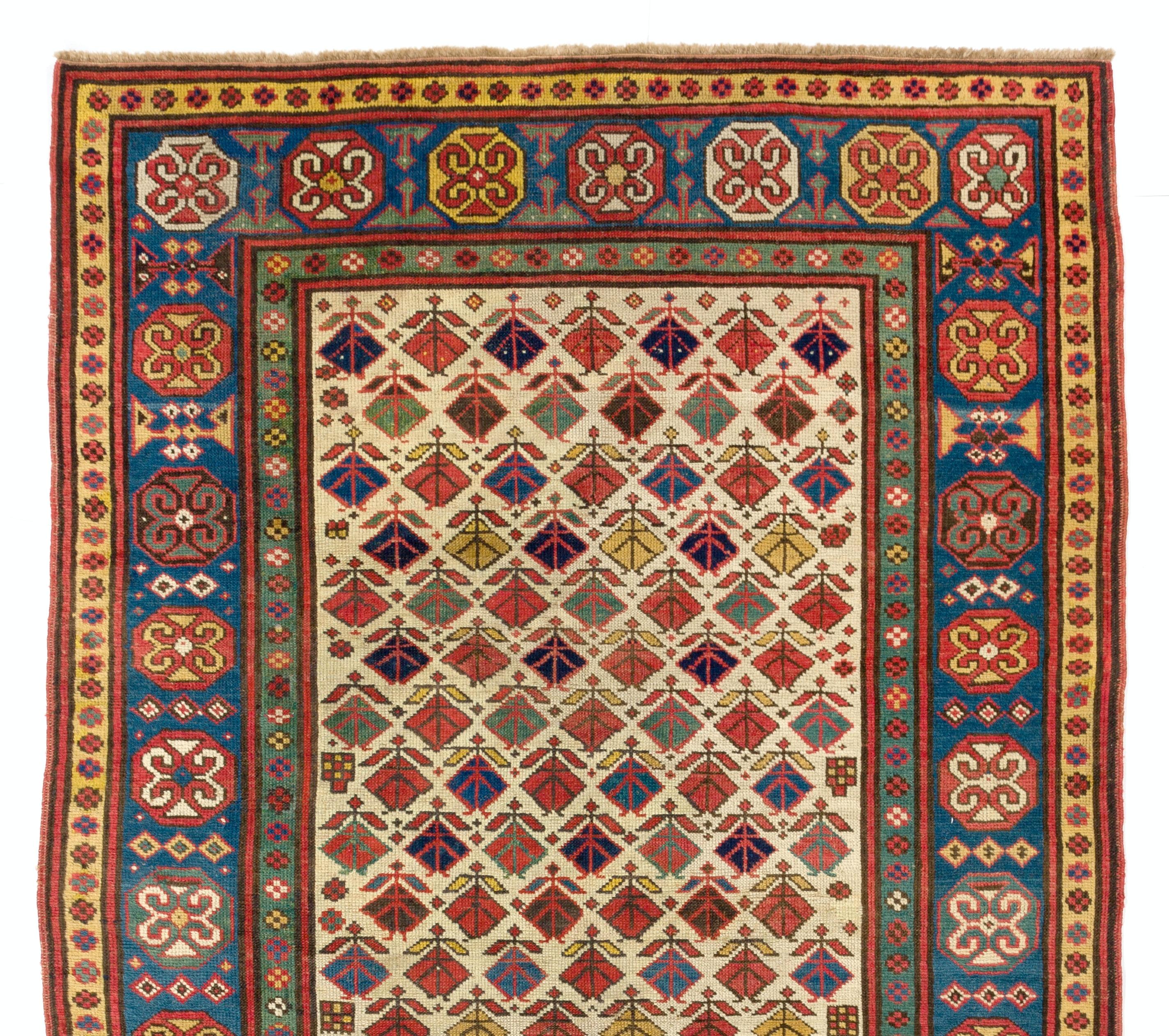 Hand-Knotted 4'2''x7'7'' Antique Ivory Ground Caucasian Kazak Wool Rug, circa 1875 For Sale