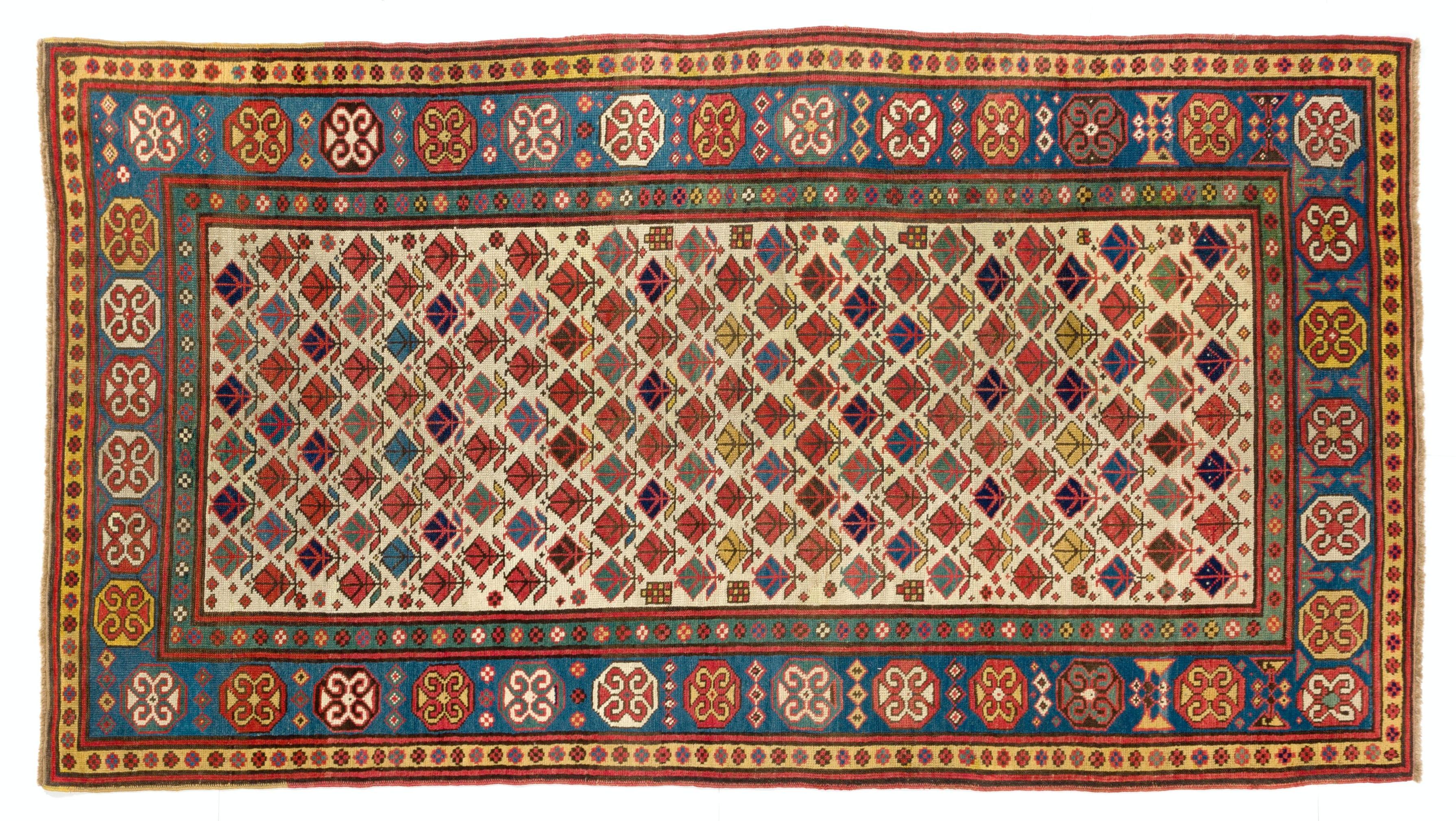 4'2''x7'7'' Antique Ivory Ground Caucasian Kazak Wool Rug, circa 1875 For Sale 1