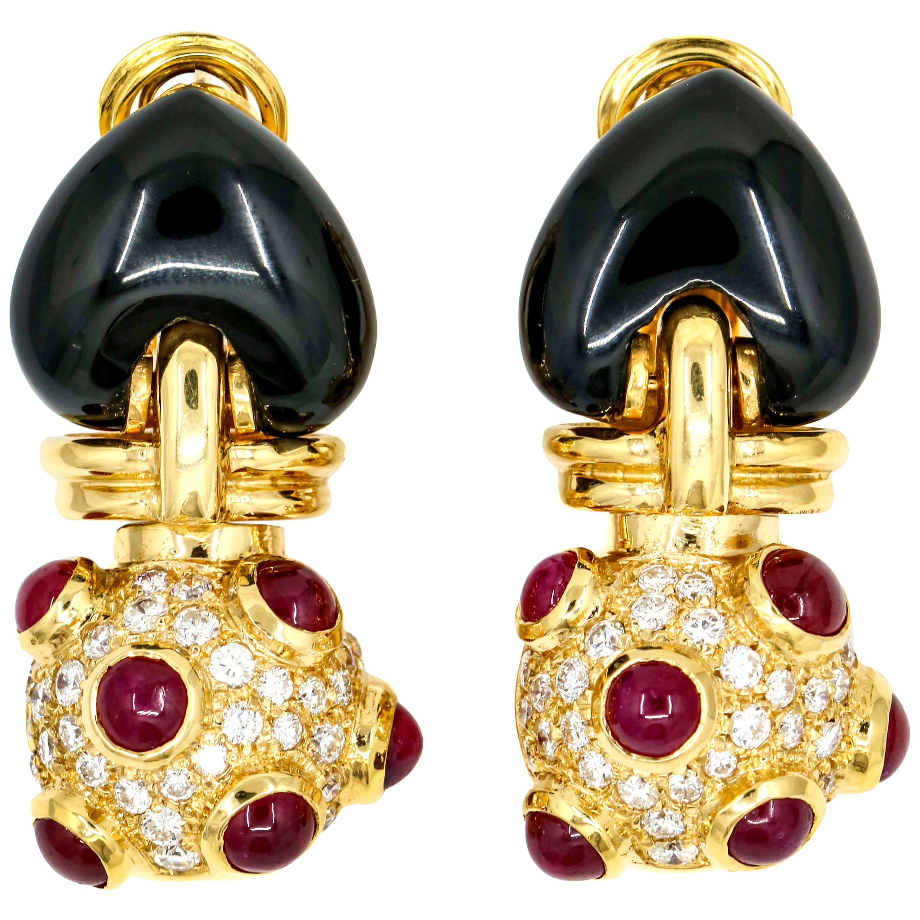 4.20 Carat 18 Karat Yellow Gold Onyx Diamond Ruby Drop Earrings For Sale