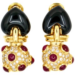4.20 Carat 18 Karat Yellow Gold Onyx Diamond Ruby Drop Earrings