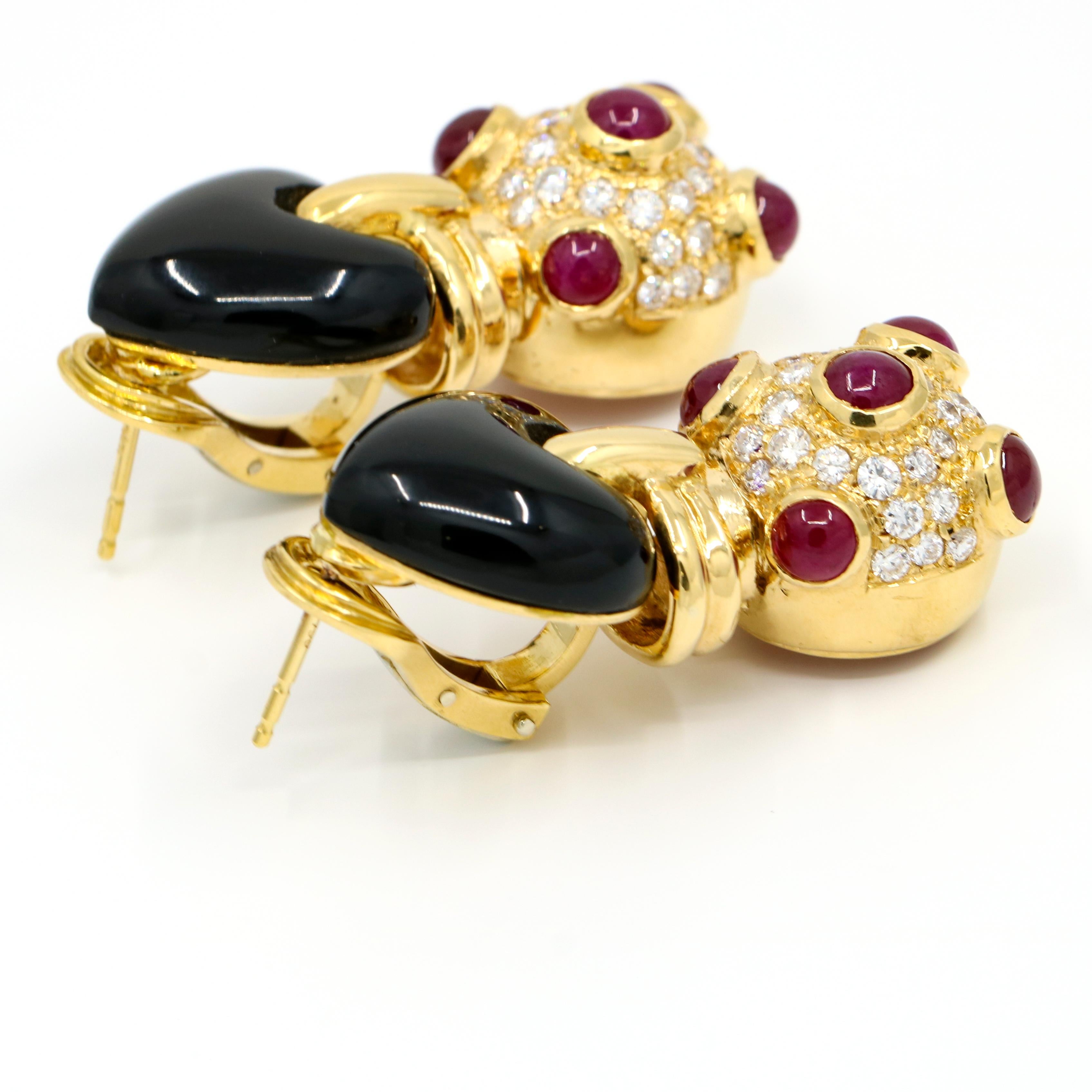 Contemporary 4.20 Carat 18 Karat Yellow Gold Onyx Diamond Ruby Drop Earrings For Sale