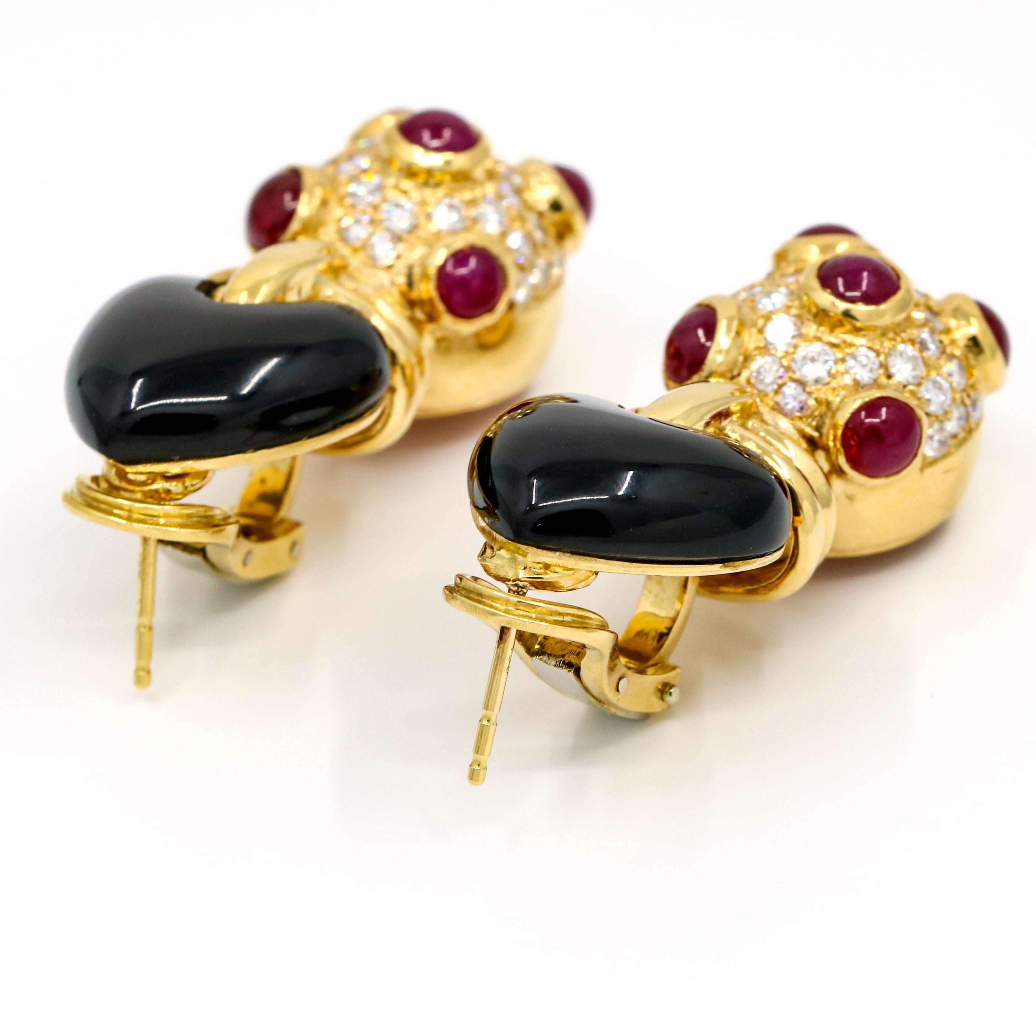 Round Cut 4.20 Carat 18 Karat Yellow Gold Onyx Diamond Ruby Drop Earrings For Sale