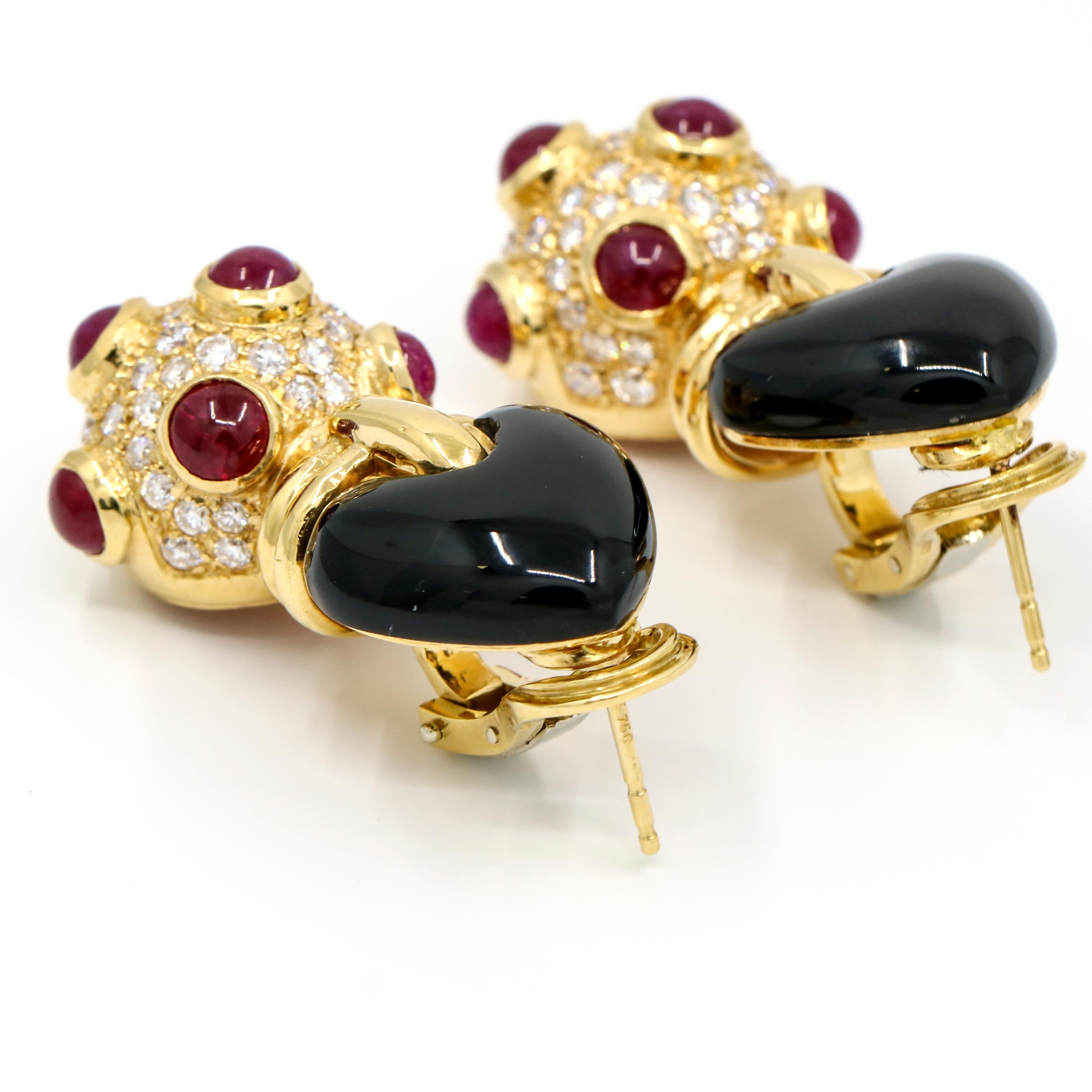 4.20 Carat 18 Karat Yellow Gold Onyx Diamond Ruby Drop Earrings In Excellent Condition For Sale In Fort Lauderdale, FL