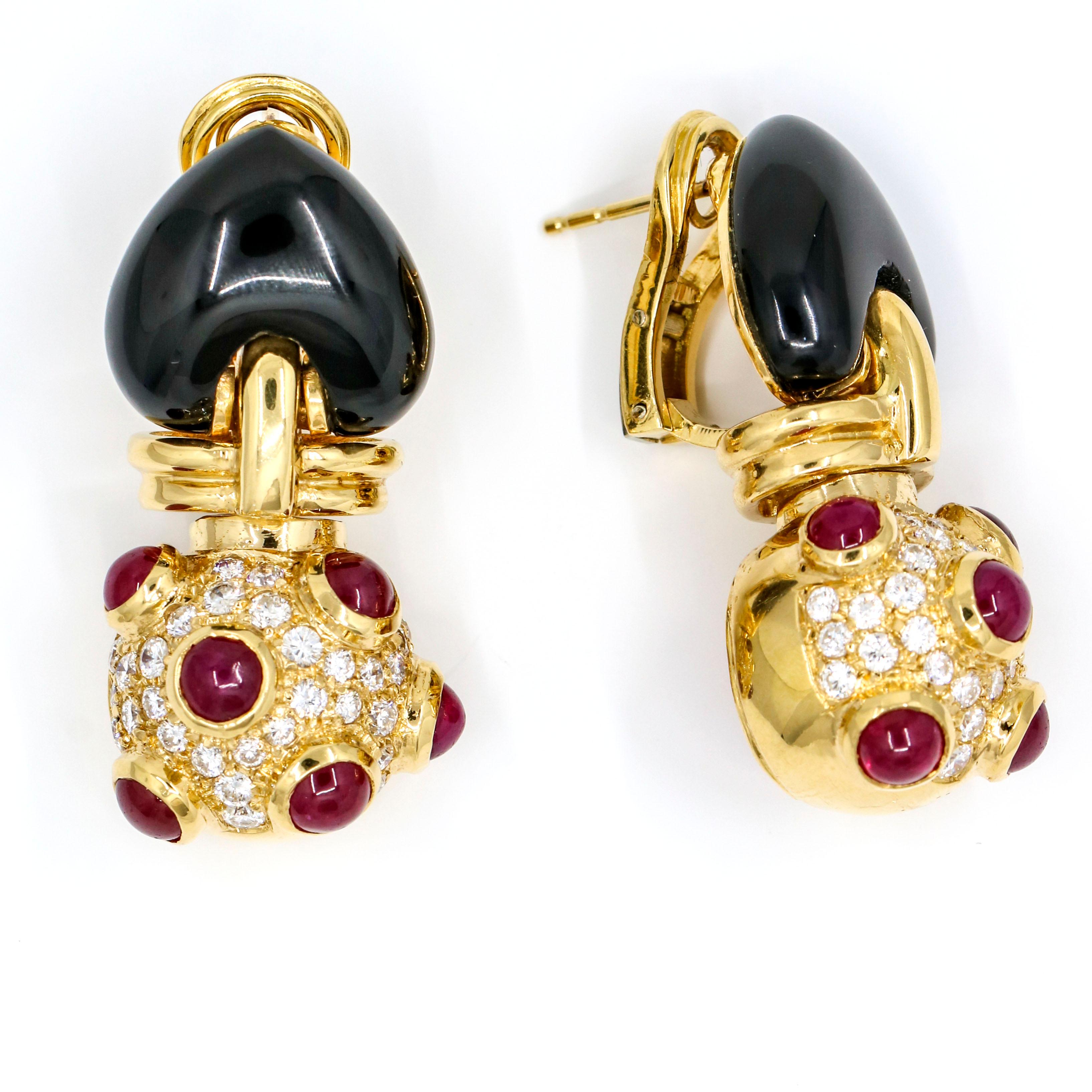 Women's 4.20 Carat 18 Karat Yellow Gold Onyx Diamond Ruby Drop Earrings For Sale