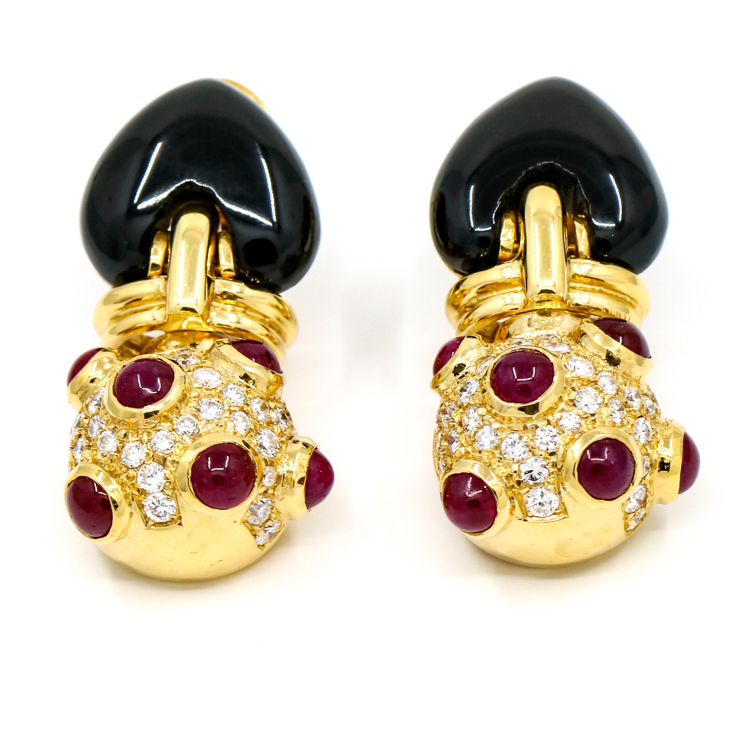 4.20 Carat 18 Karat Yellow Gold Onyx Diamond Ruby Drop Earrings For Sale 1