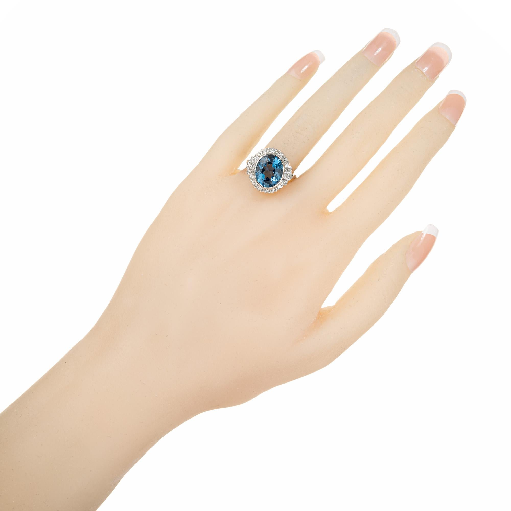 Women's 4.20 Carat Blue Topaz Diamond Halo White Gold Ring  For Sale