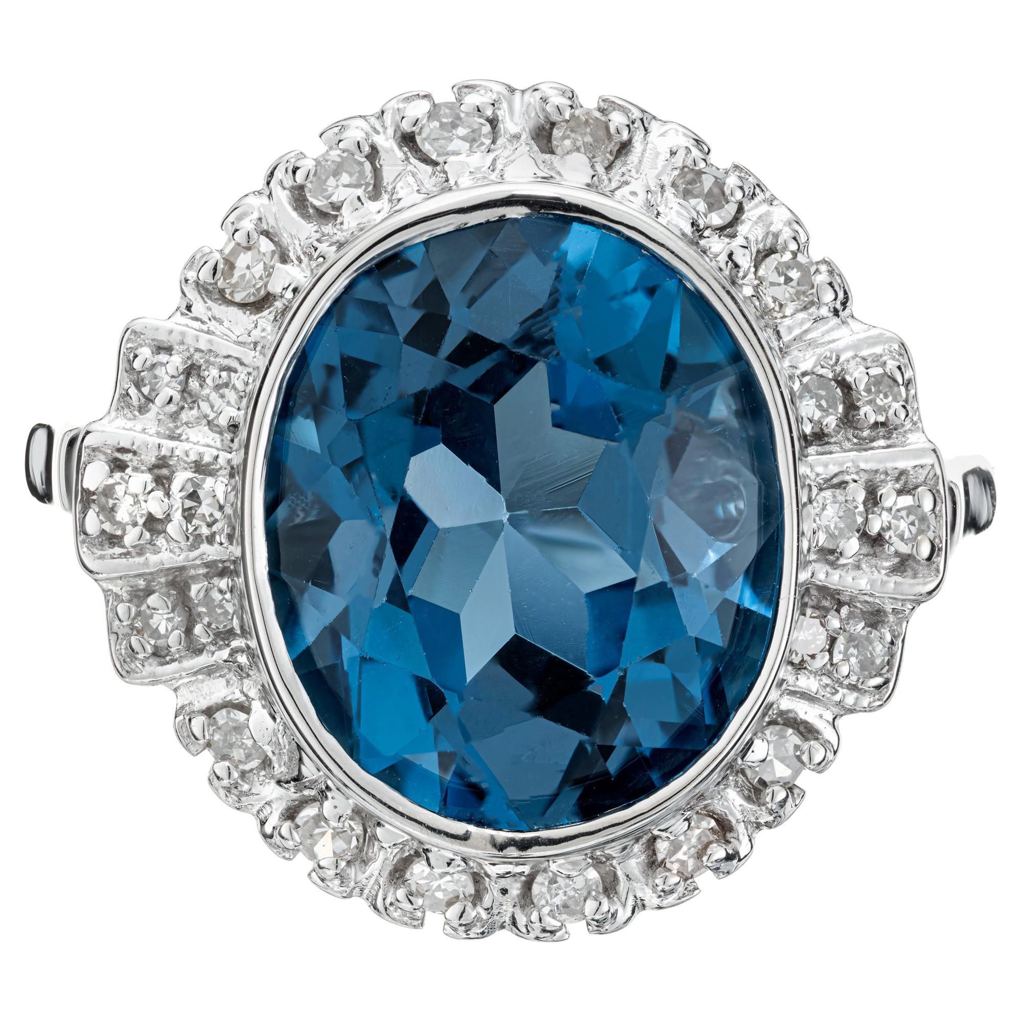 4.20 Carat Blue Topaz Diamond Halo White Gold Ring 