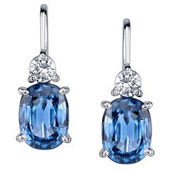 4.20 Carat Cornflower Blue Sapphire and Diamond 18 Karat Gold Leverback Earrings