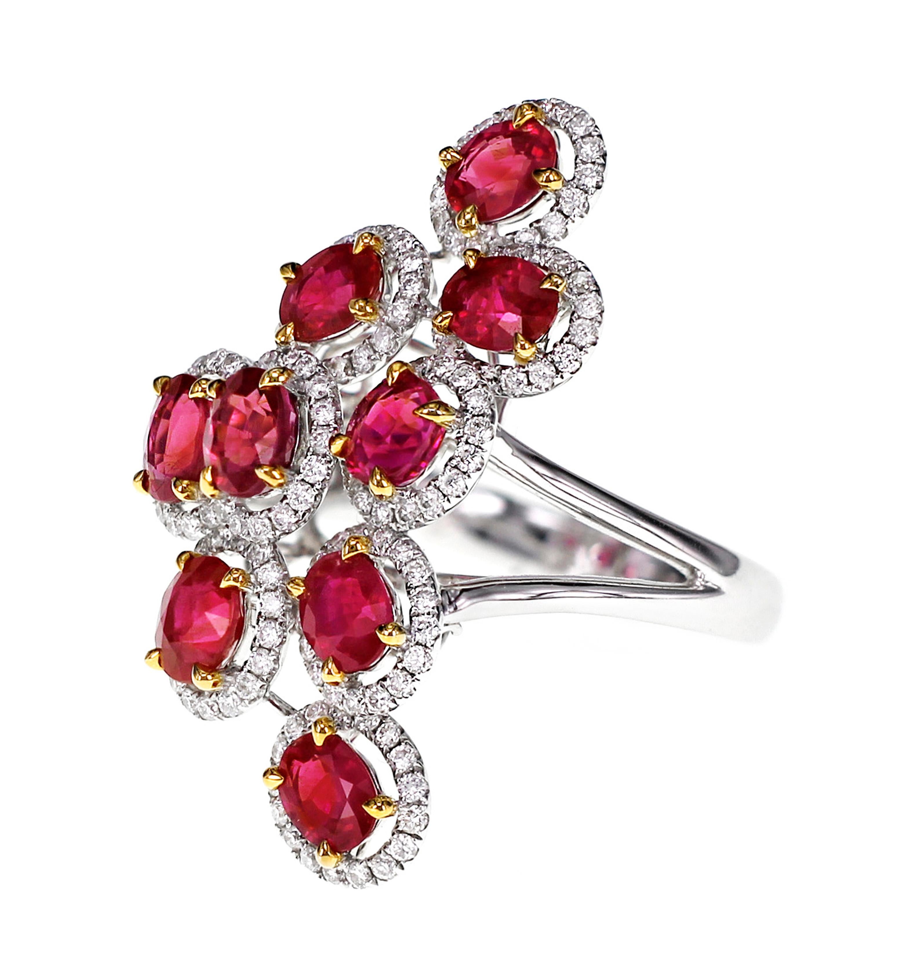 4.20 carat of vivid red ruby and 0.79 carat of white brilliant round diamond paired together in this designer ring.
The details of the ring are mentioned below:
Color: F
Clarity Vs
Ring Size: US 6.5
The ring size can be changed on request.