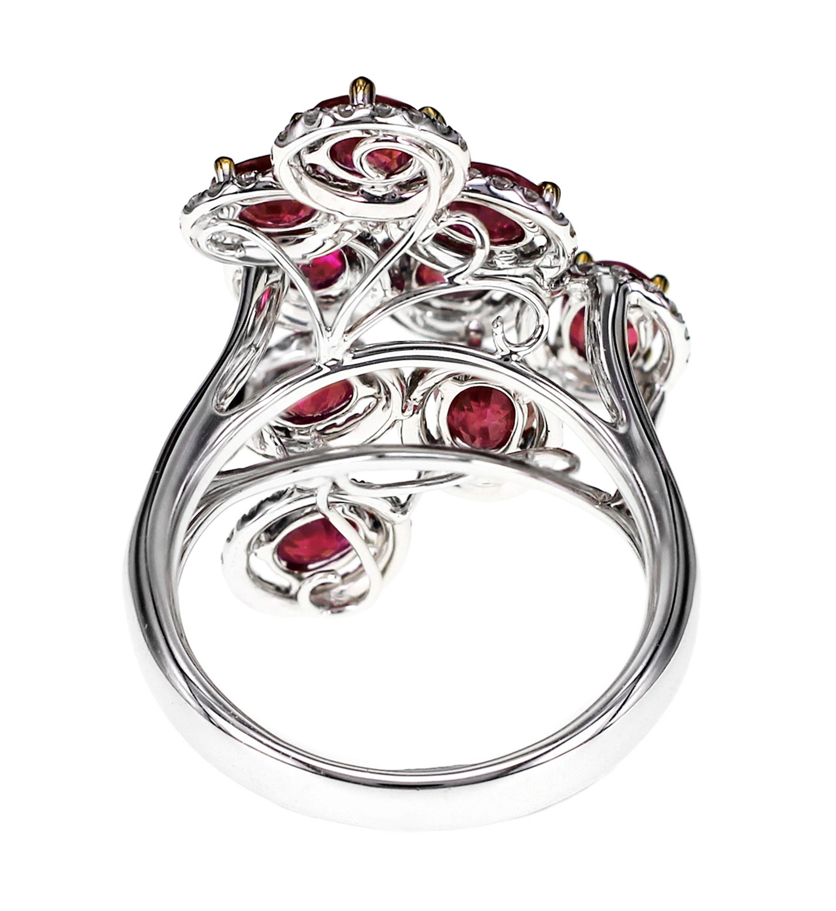 Oval Cut 4.20 Carat Crescent Red Ruby and Diamond Designer Ring For Sale