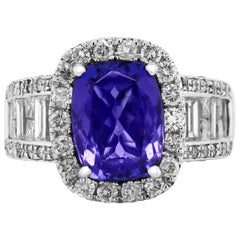 4.20 Carat Cushion Tanzanite Princess Baguette Round Diamond 14 Karat Gold Ring