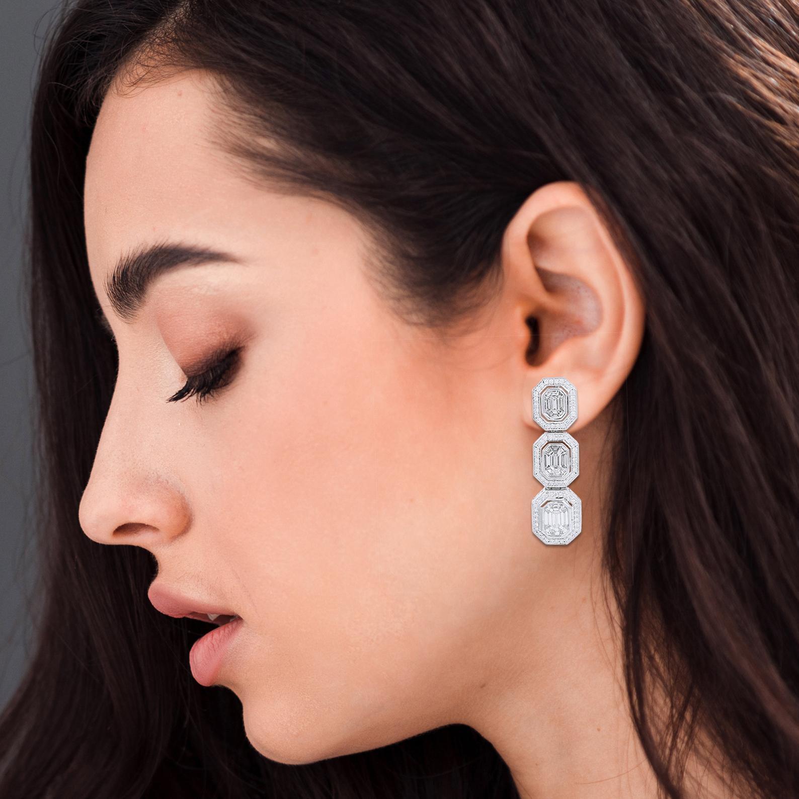 These exquisite emerald cut earrings are handcrafted in 14-karat white gold and set in 4.20 carats of sparkling diamonds. 

FOLLOW MEGHNA JEWELS storefront to view the latest collection & exclusive pieces. Meghna Jewels is proudly rated as a Top