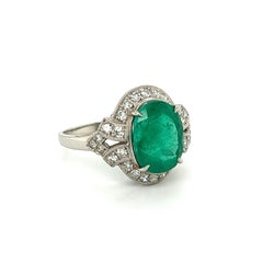 6.50 Carat Emerald and Diamond Art Deco Platinum Ring Estate Fine Jewelry