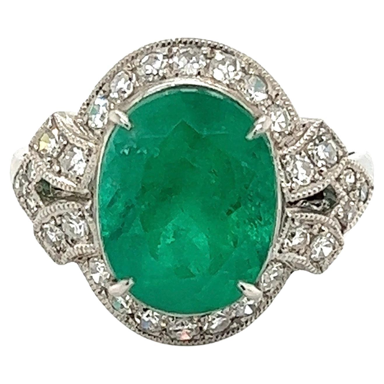 6.50 Carat Emerald and Diamond Art Deco Platinum Ring Estate Fine Jewelry For Sale