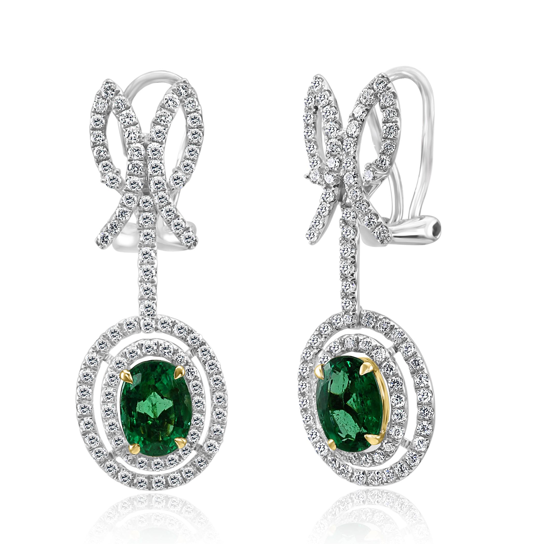 Modern 4.20 Carat Emerald Oval Diamond Halo Dangle Drop Two-Tone Gold Fashion Earring