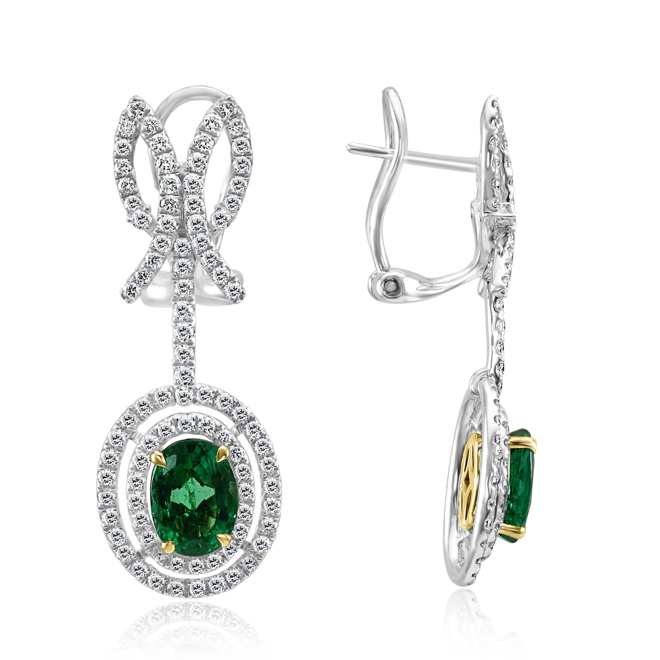 Oval Cut 4.20 Carat Emerald Oval Diamond Halo Dangle Drop Two-Tone Gold Fashion Earring