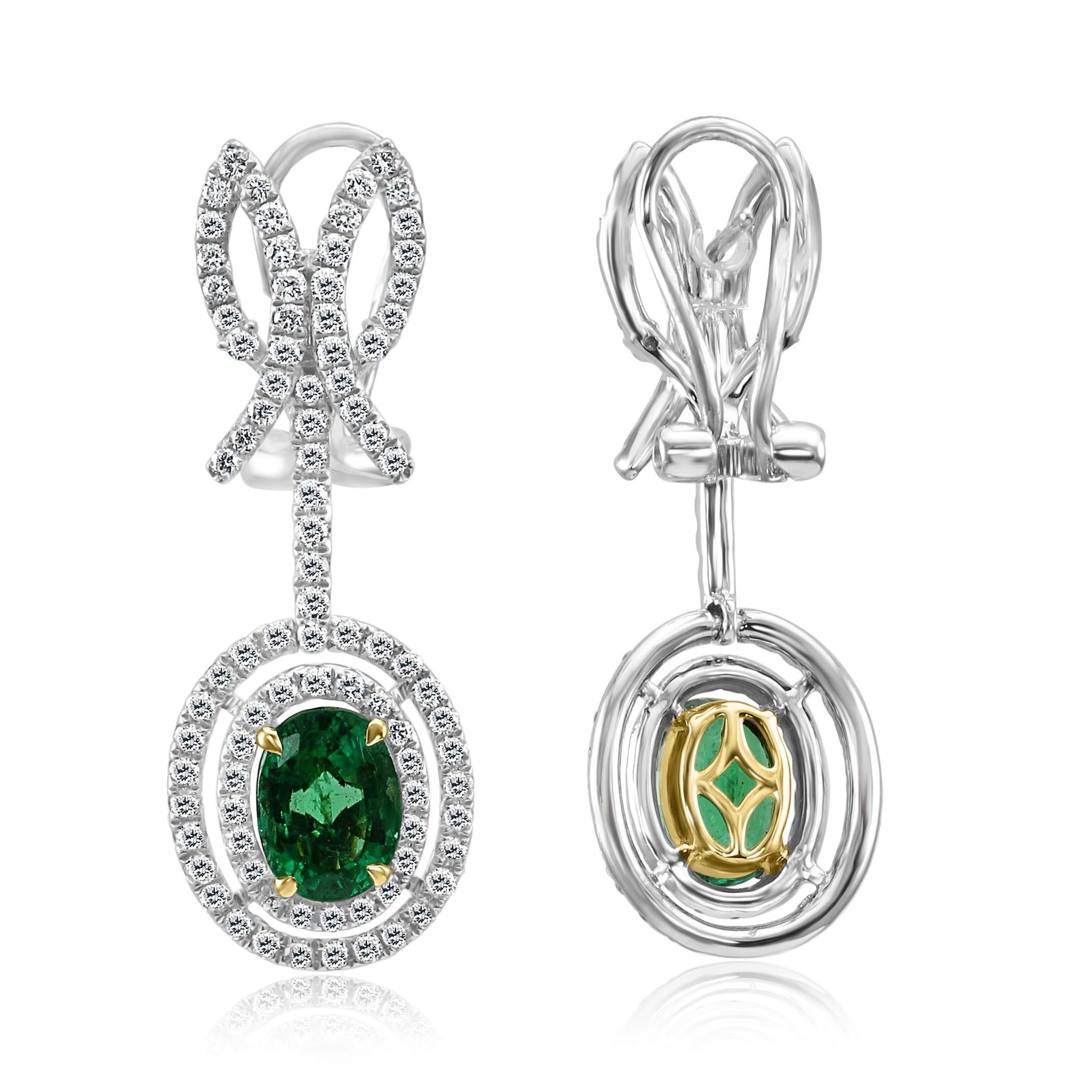 4.20 Carat Emerald Oval Diamond Halo Dangle Drop Two-Tone Gold Fashion Earring In New Condition In NEW YORK, NY
