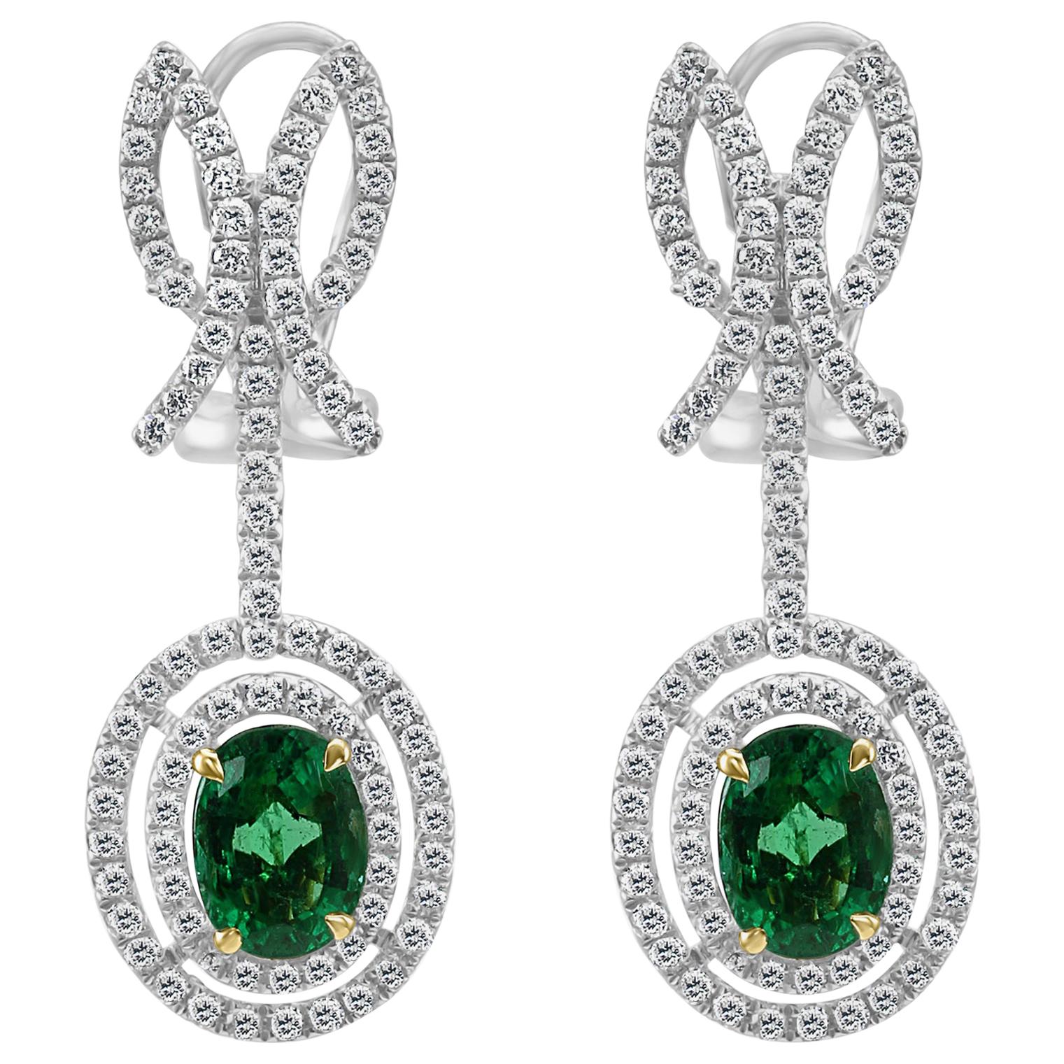4.20 Carat Emerald Oval Diamond Halo Dangle Drop Two-Tone Gold Fashion Earring