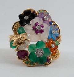 4.20 Carat Emerald Ruby Sapphire Diamond Cocktail Flowers Ring