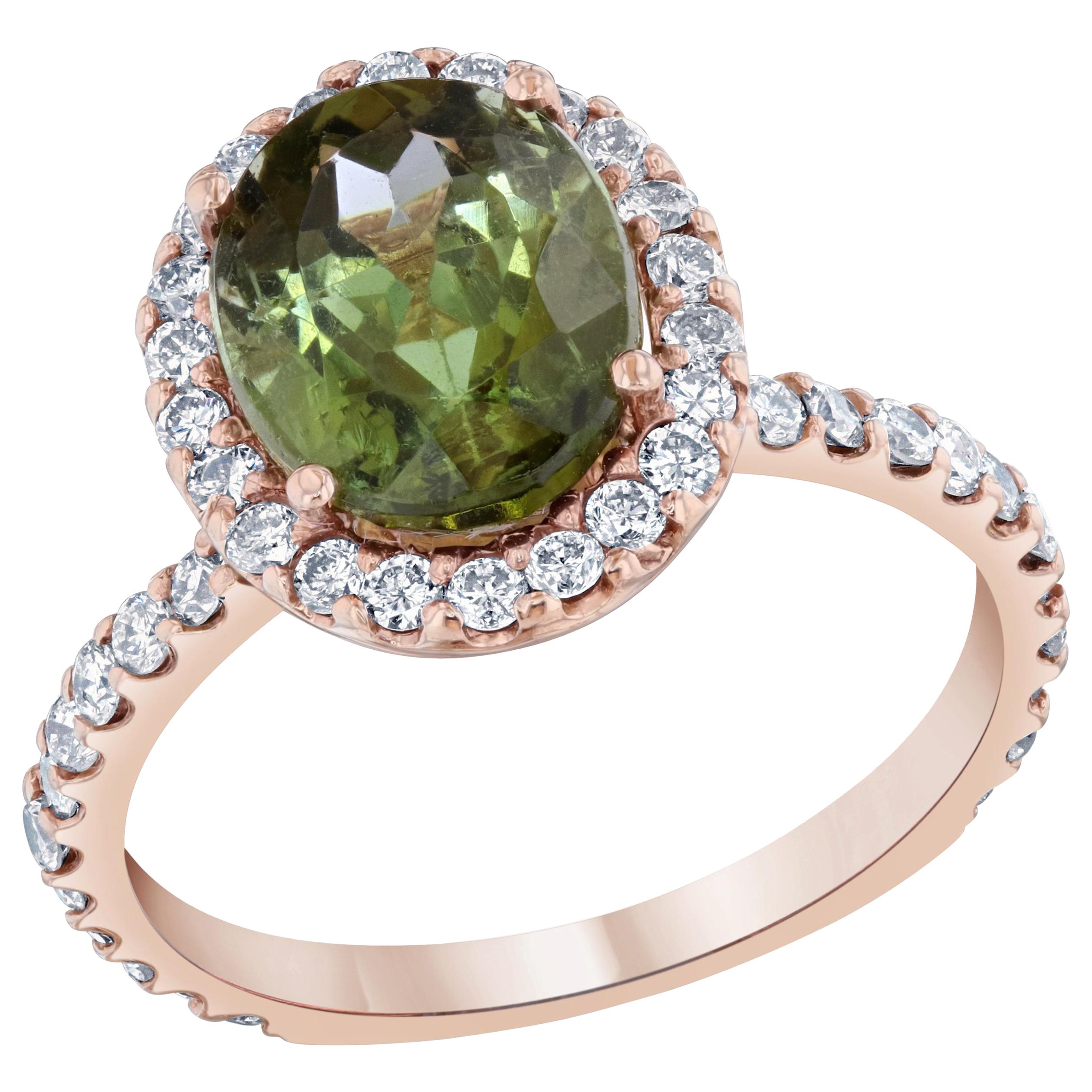 4.20 Carat Green Tourmaline and Diamond 14 Karat Rose Gold Ring For Sale