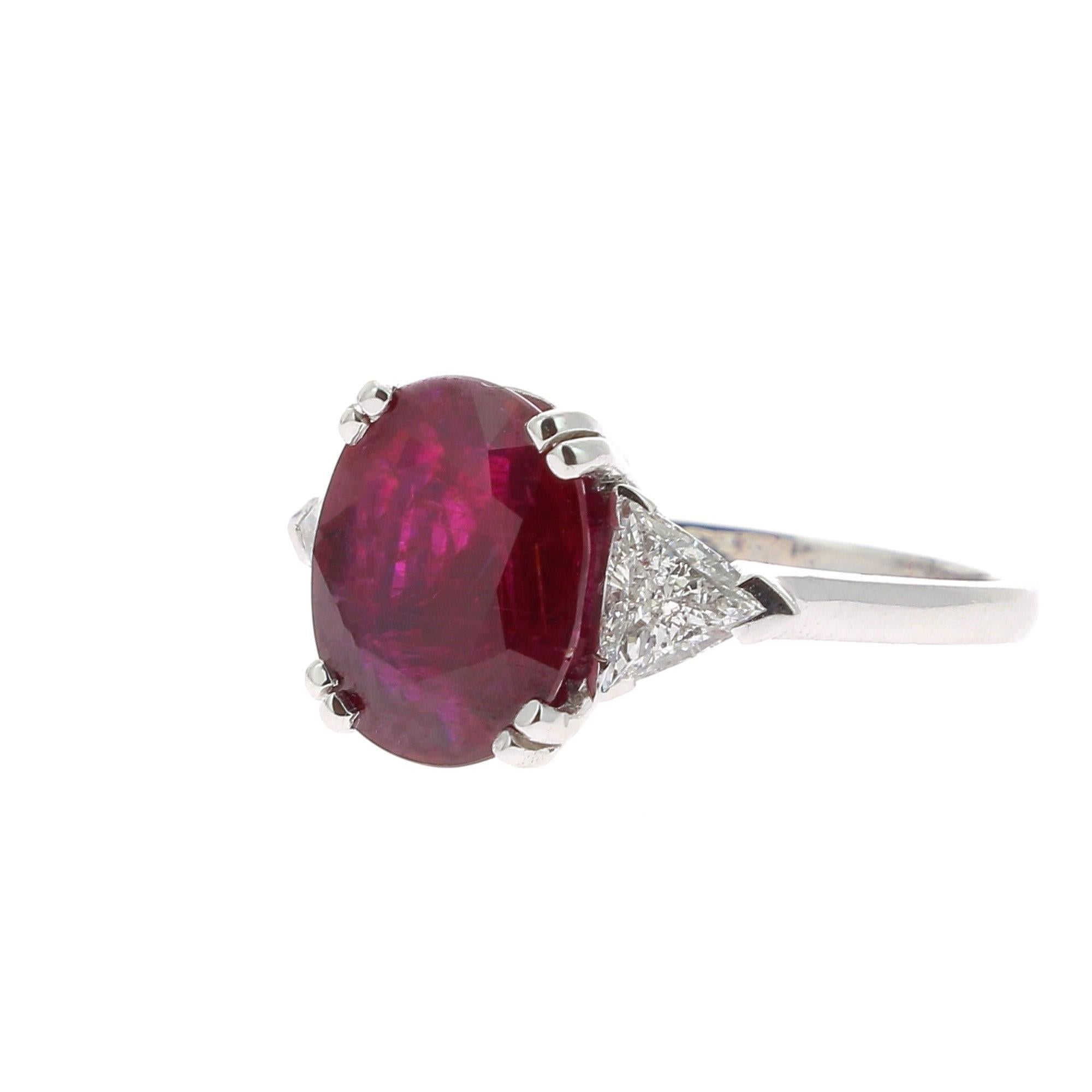 Oval Cut 4.20 Carat  NoHeated Ruby Cocktail Ring Set with Triangle White Diamond 0.61 Cts