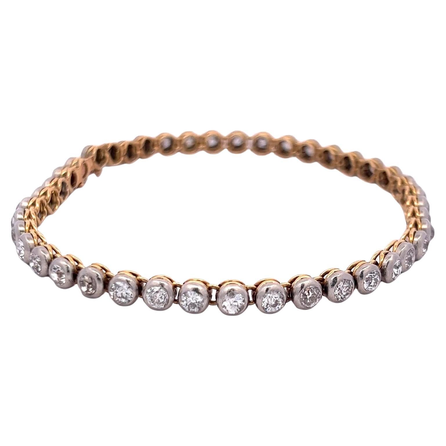 Bracelet tennis en or 18 carats et platine avec diamants taille européenne ancienne de 4,20 carats