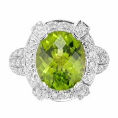 4.20 Carat Oval Peridot Diamond Halo White Gold Cocktail Ring