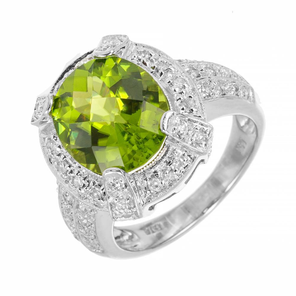 Oval Cut 4.20 Carat Oval Peridot Diamond Halo White Gold Cocktail Ring For Sale