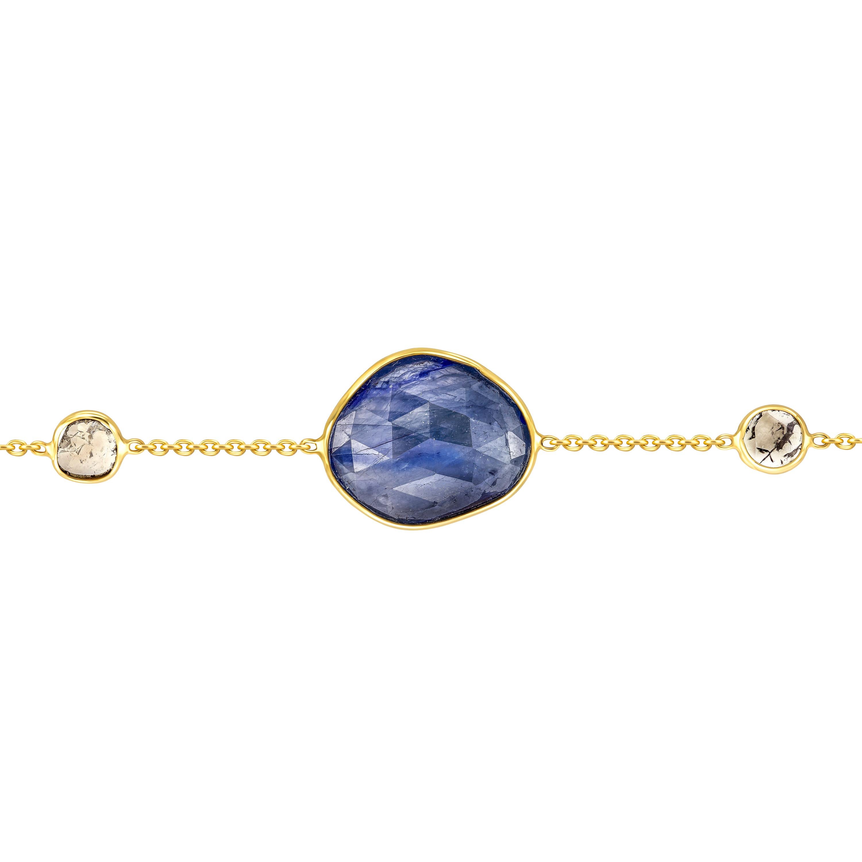 Adorn your wrist with this beautiful 4.05 Carat Rose Cut Blue Sapphire Bracelet featuring 0.15 Carat in two Diamond slices set in 18 Karat Yellow Gold. Each piece is hand made with a unique shaped precious stone in the center and sides so no two