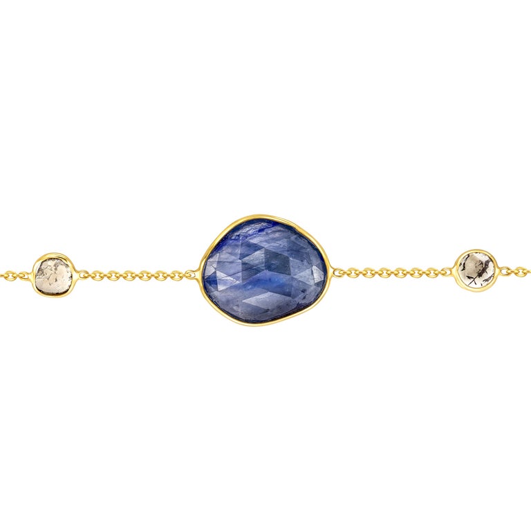 4.20 Carat Rose Cut Blue Sapphire Diamond 18 Karat Yellow Gold Artisan ...