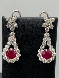 4.20 Carat Round Cut Ruby  and Diamond Drop Earrings in 18K White Gold