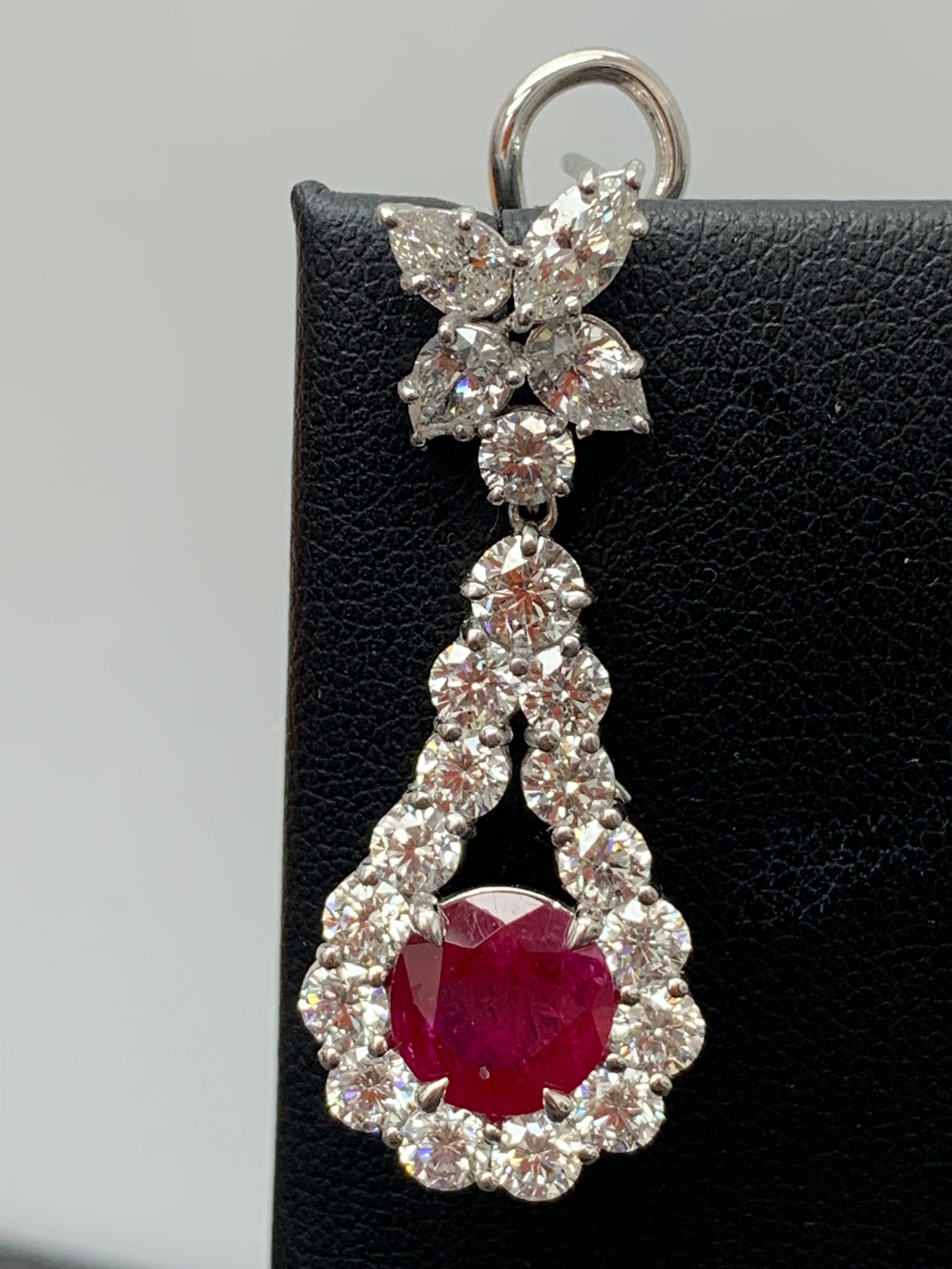 Contemporary 4.20 Carat Round Cut Ruby  and Diamond Drop Earrings in 18K White Gold For Sale
