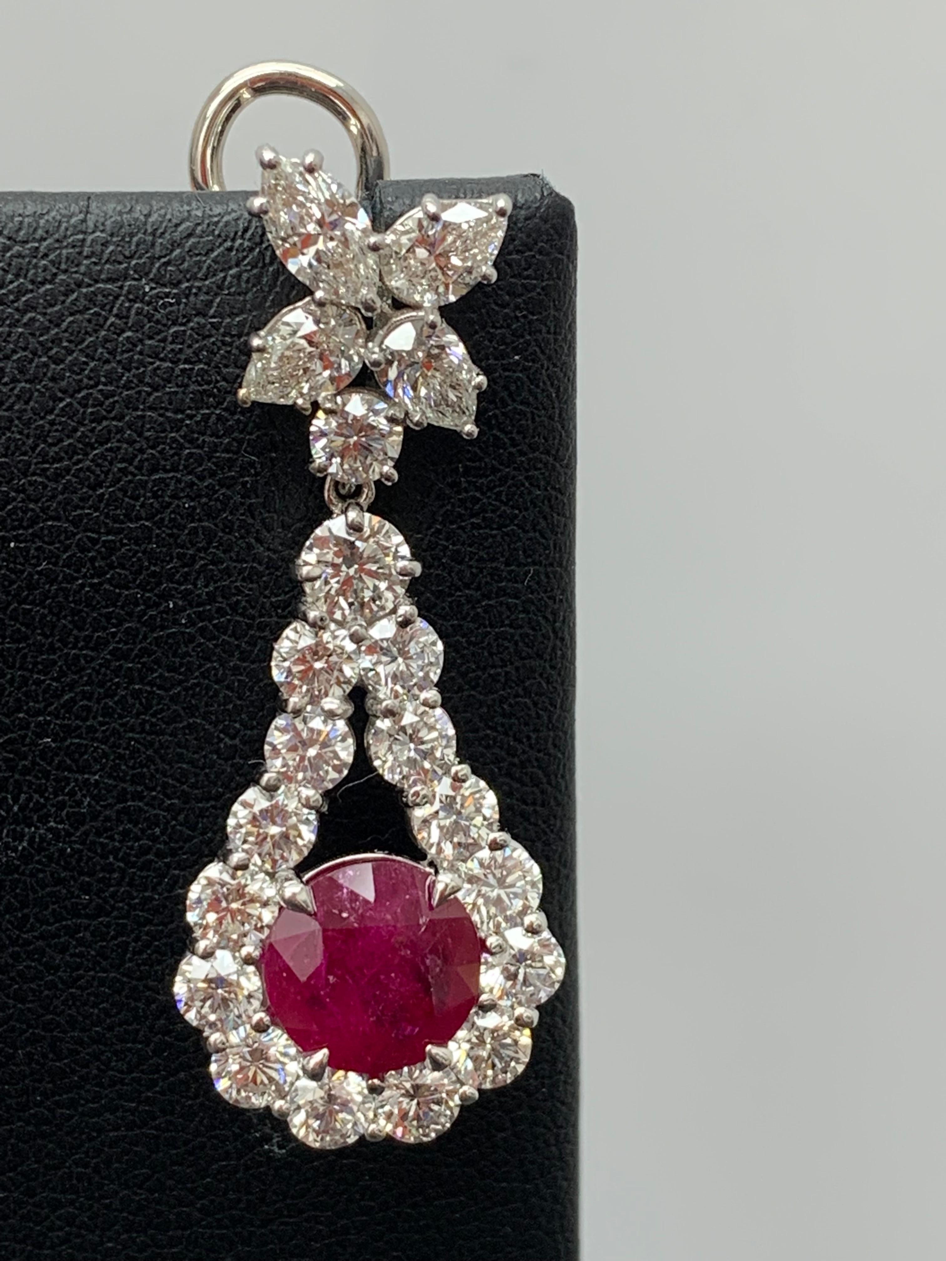 4.20 Carat Round Cut Ruby  and Diamond Drop Earrings in 18K White Gold In New Condition For Sale In NEW YORK, NY