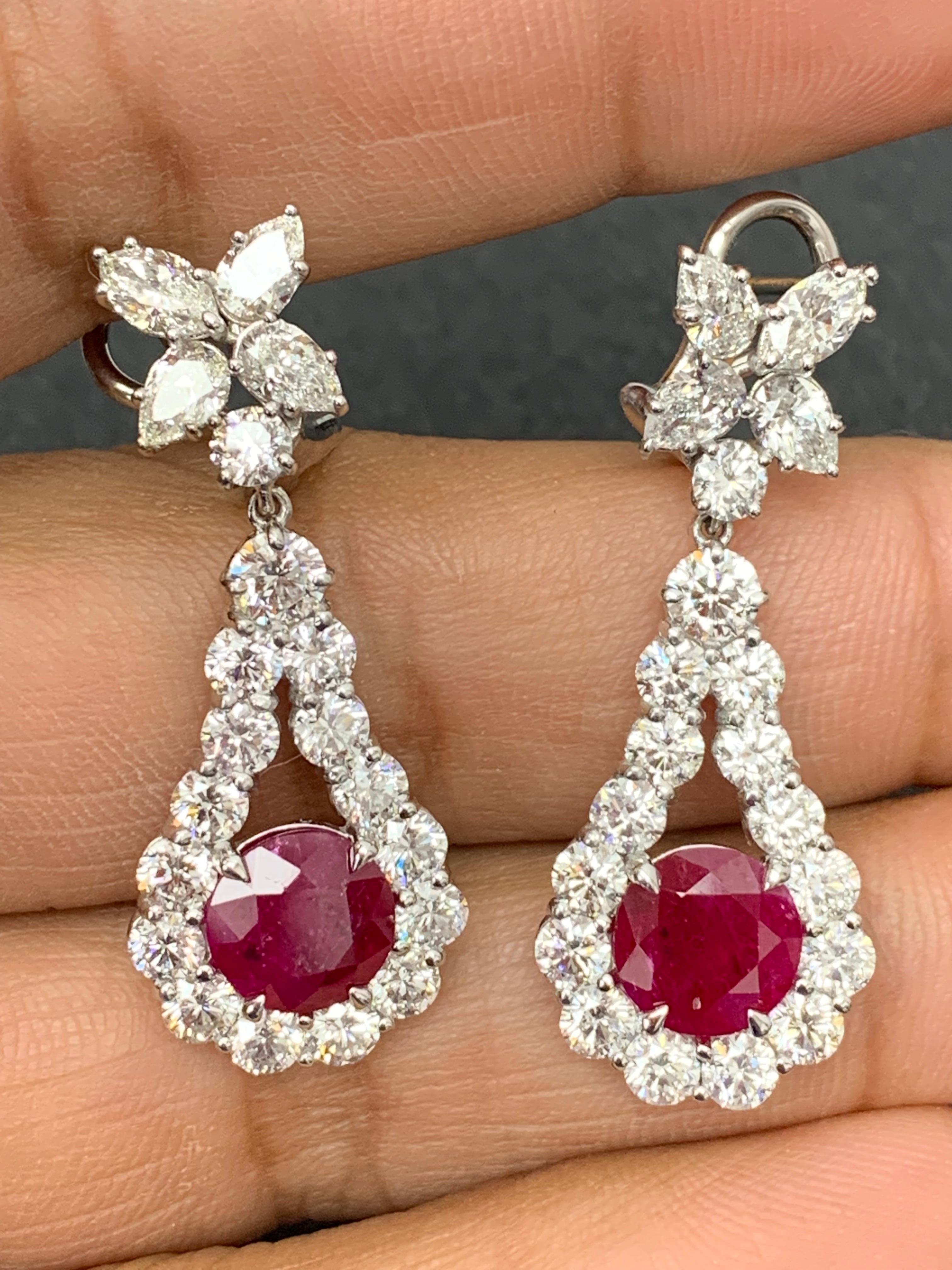 4.20 Carat Round Cut Ruby  and Diamond Drop Earrings in 18K White Gold For Sale 1