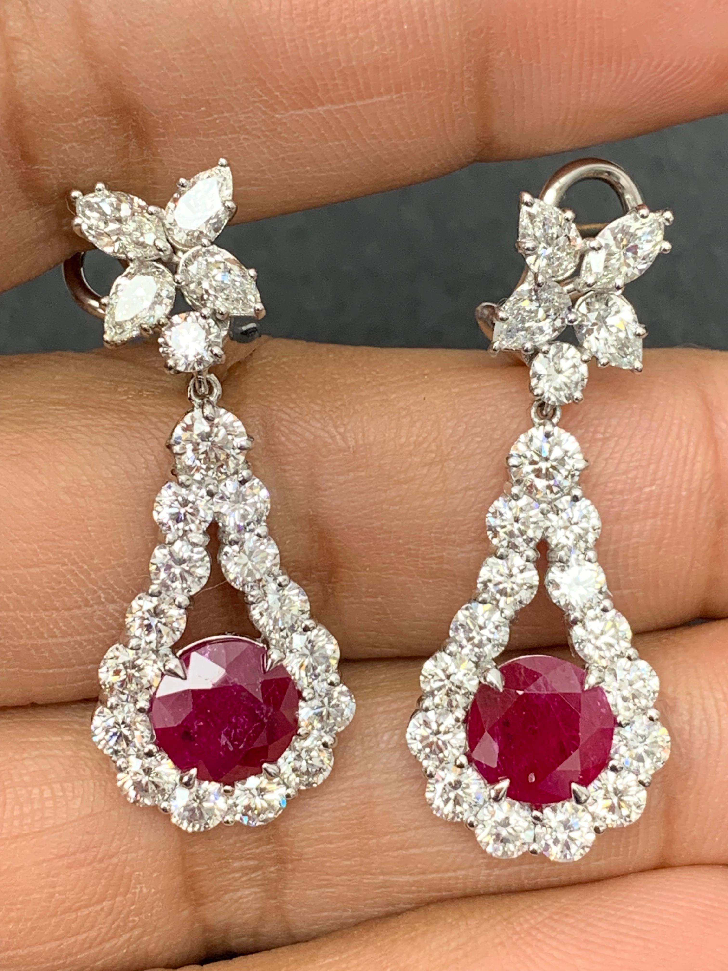 4.20 Carat Round Cut Ruby  and Diamond Drop Earrings in 18K White Gold For Sale 2