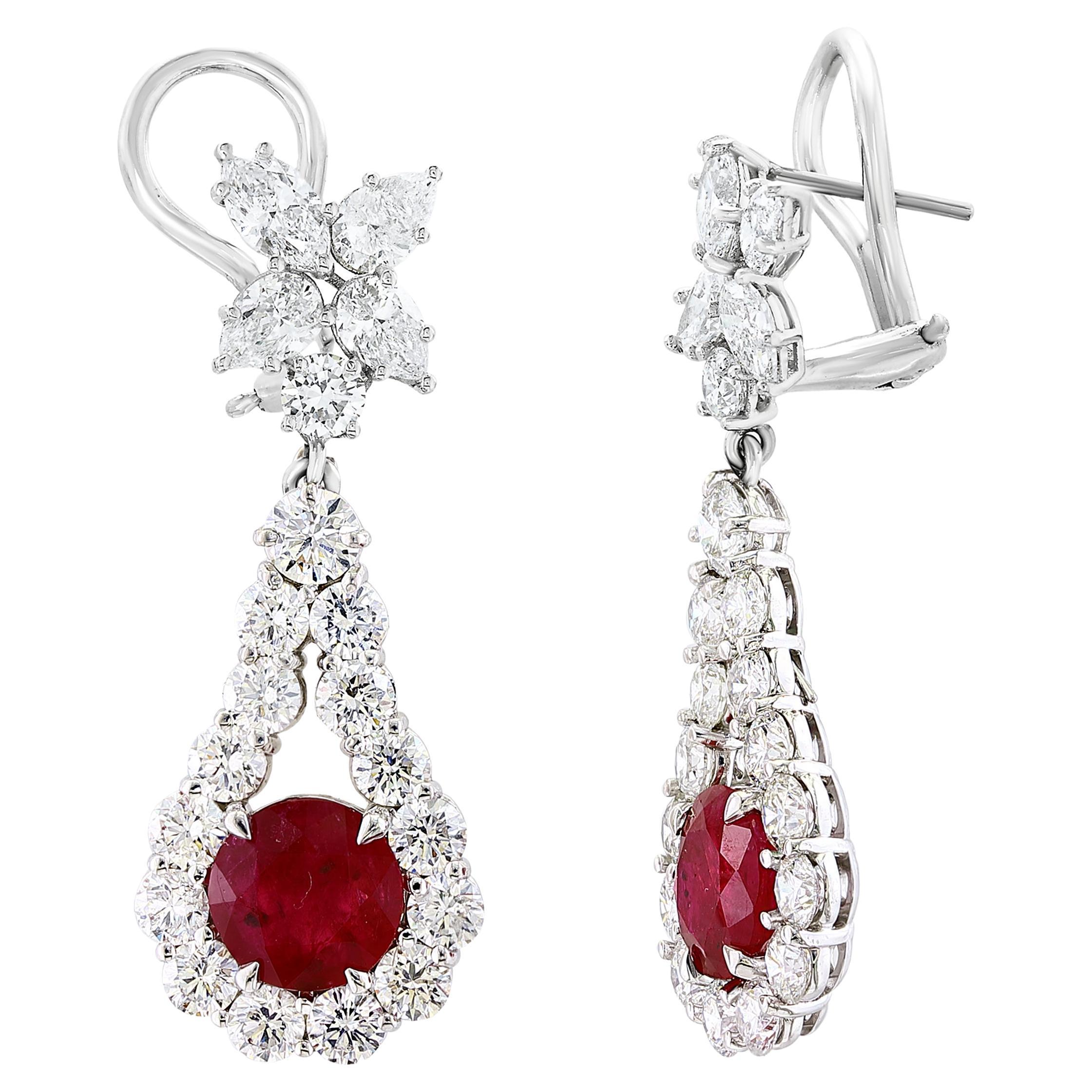 4.20 Carat Round Cut Ruby  and Diamond Drop Earrings in 18K White Gold