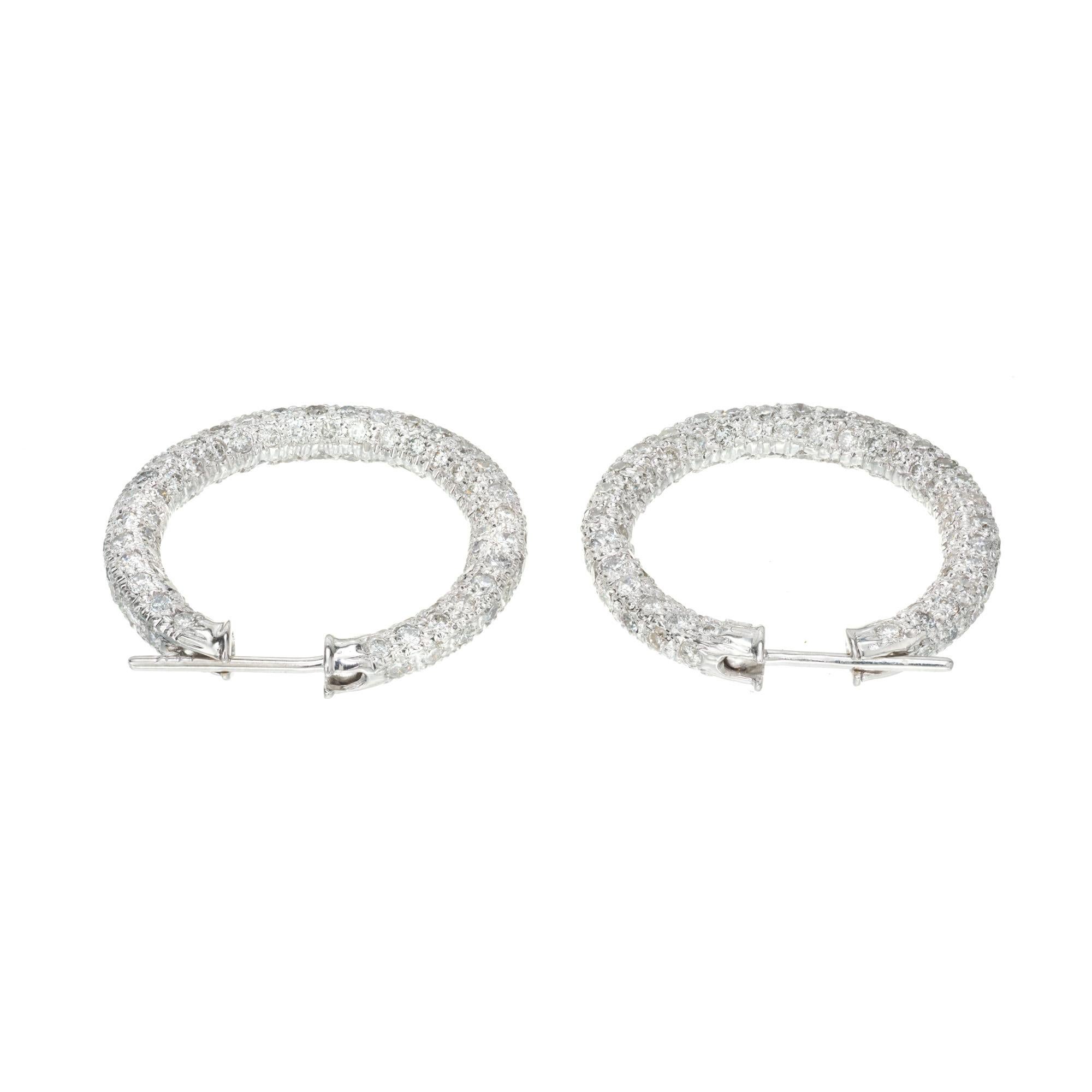 4.20 Carat Round Diamond Pave Gold Hoop Earrings In Good Condition For Sale In Stamford, CT