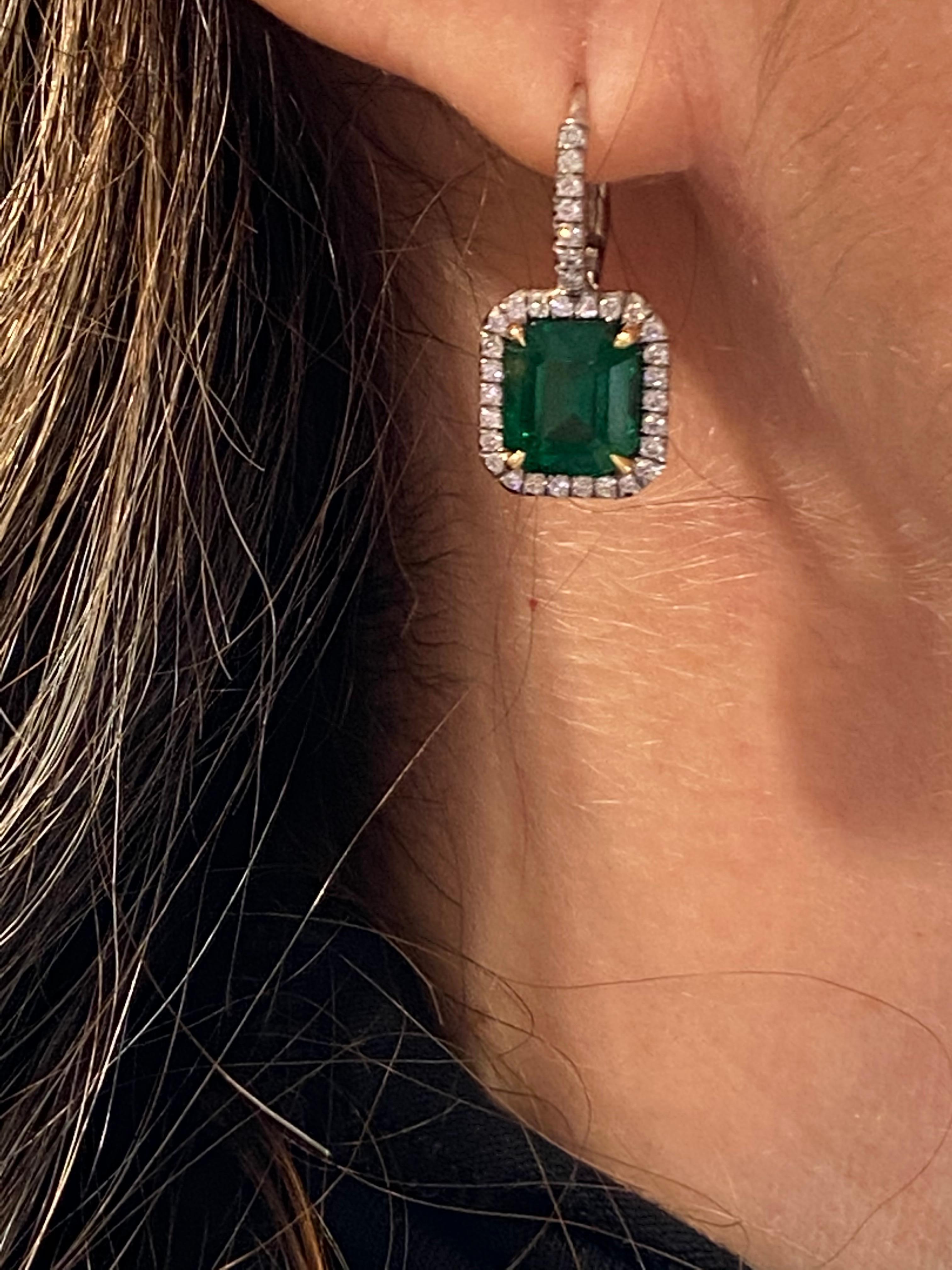 4.20 Carat 'total weight' Emerald and Diamond Halo Platinum Earrings For Sale 4