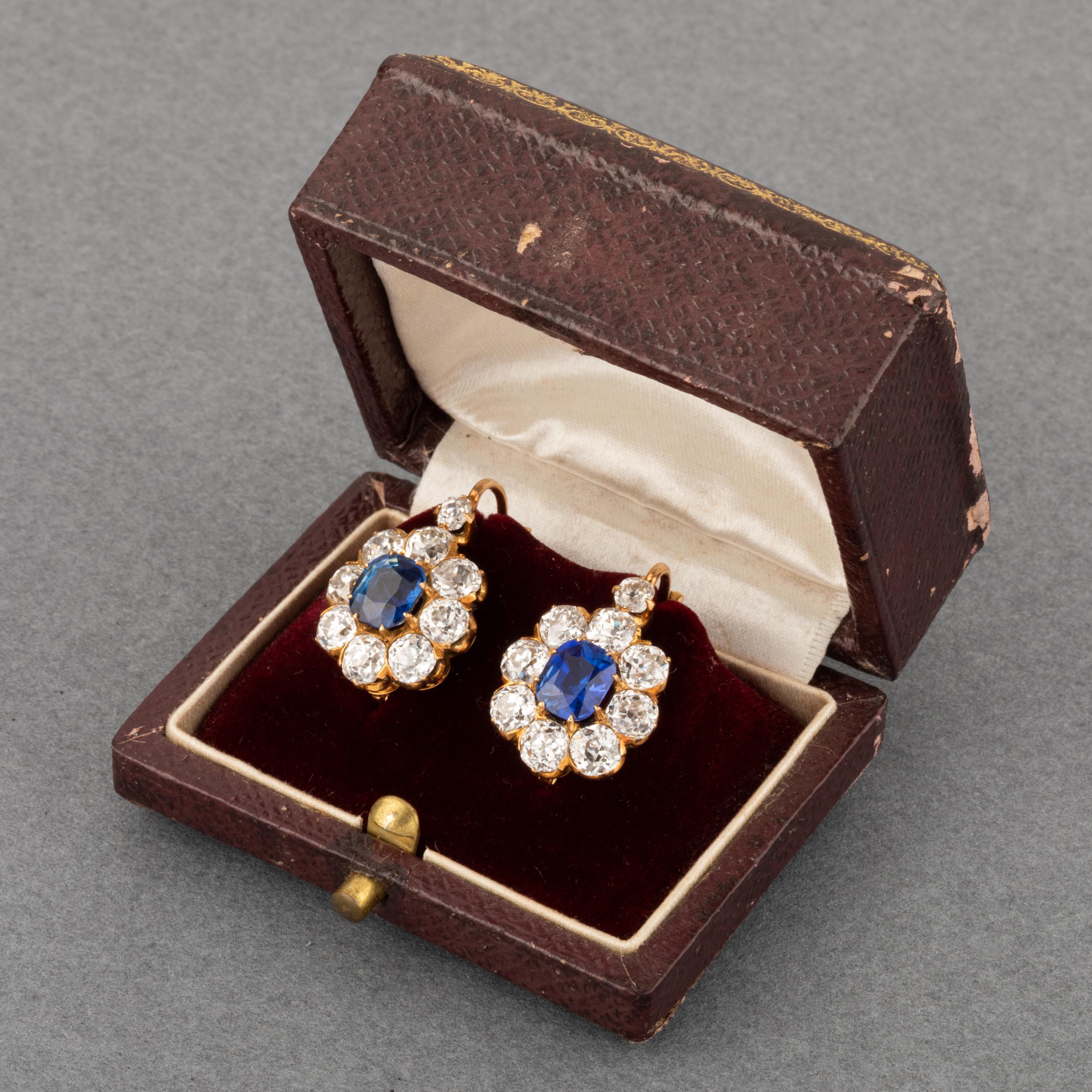 Late Victorian 4.20 Carats Diamonds and 2.20 Carats Sapphires French Antique Earrings For Sale