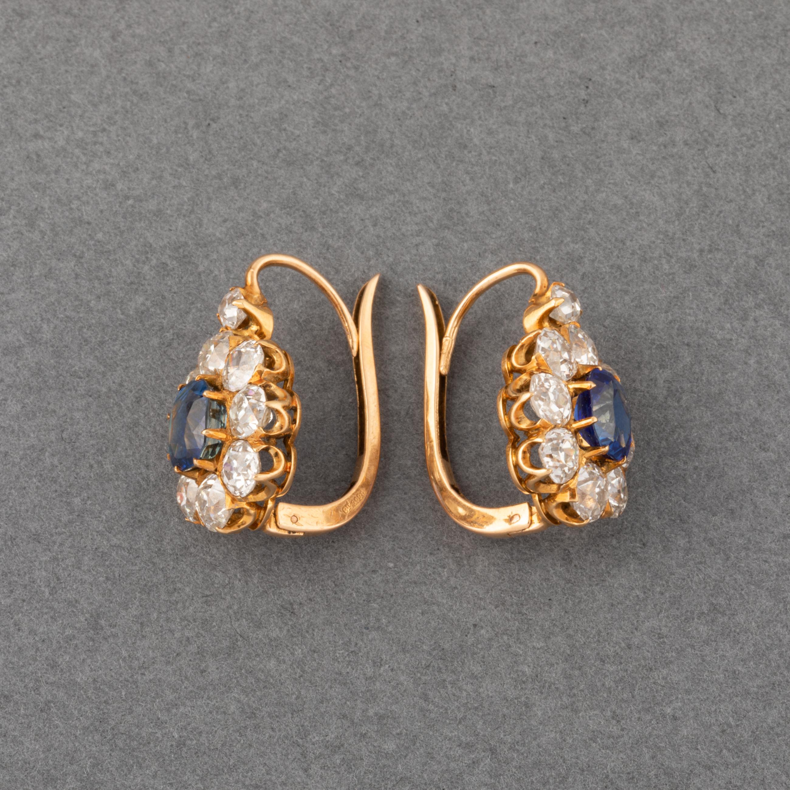 Antique Cushion Cut 4.20 Carats Diamonds and 2.20 Carats Sapphires French Antique Earrings For Sale