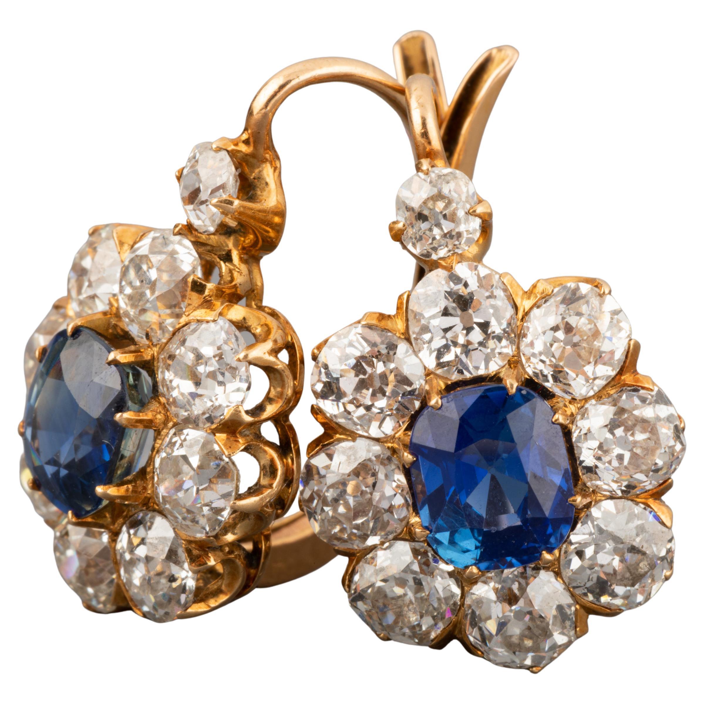 4.20 Carats Diamonds and 2.20 Carats Sapphires French Antique Earrings For Sale
