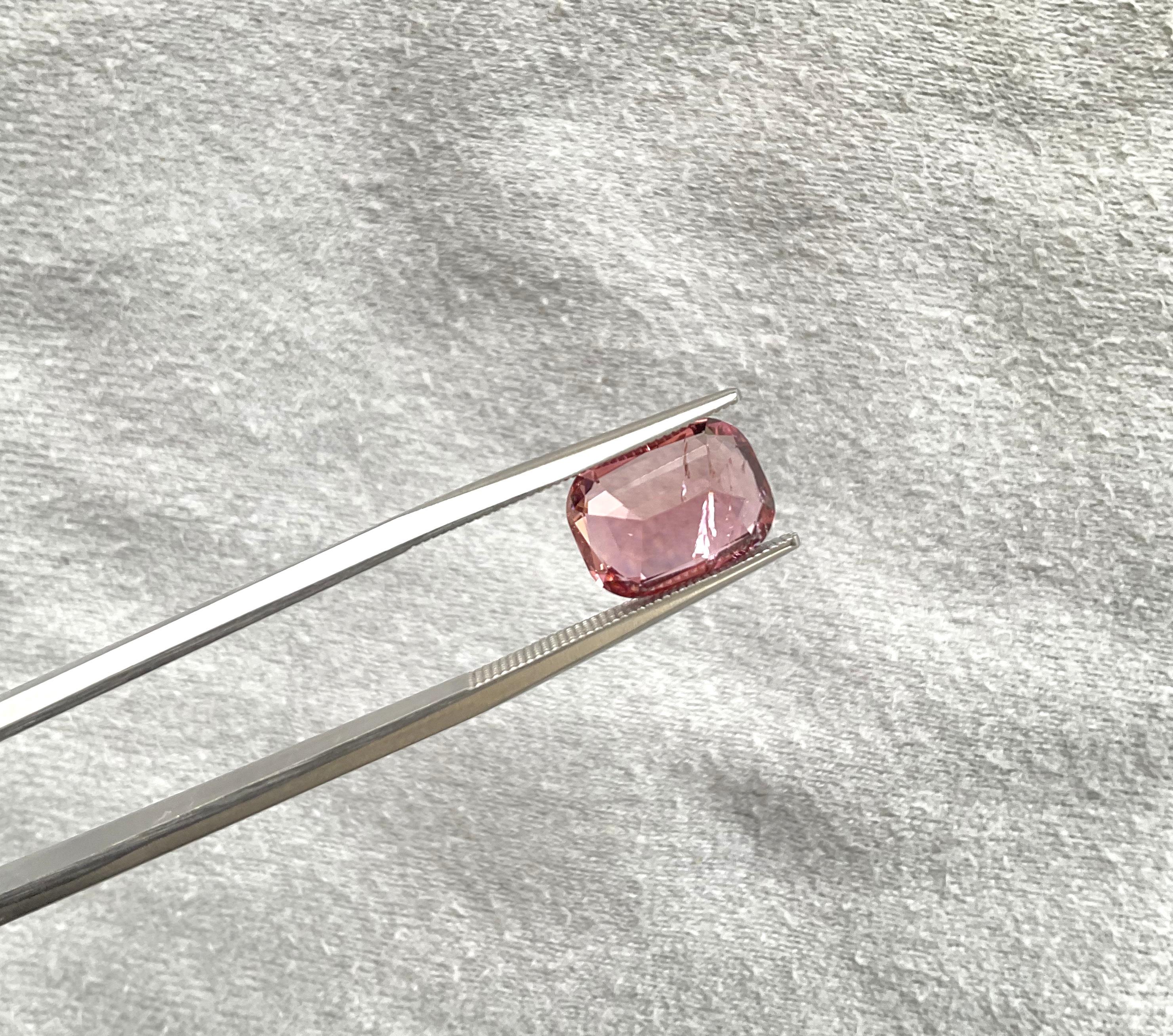 Art Deco 4.20 Carats Electric Pink Tourmaline Cushion Faceted Cut Stone Natural Gemstone For Sale