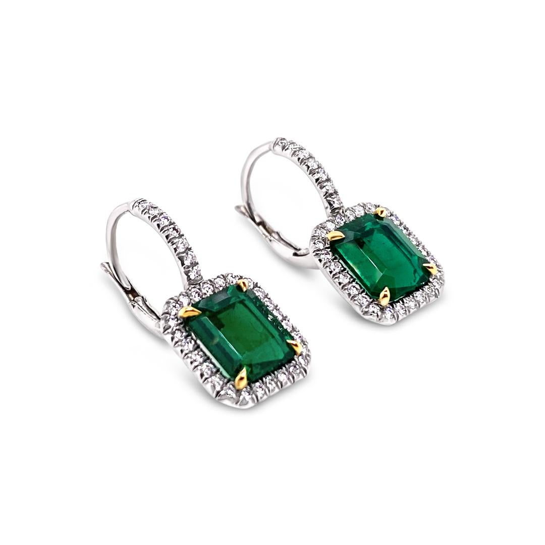 Emerald Cut 4.20 Carat 'total weight' Emerald and Diamond Halo Platinum Earrings For Sale