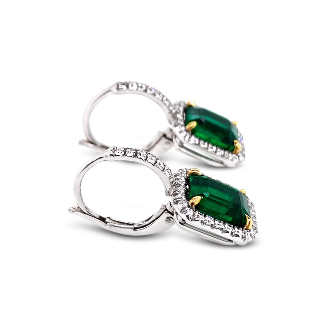 Women's 4.20 Carat 'total weight' Emerald and Diamond Halo Platinum Earrings For Sale