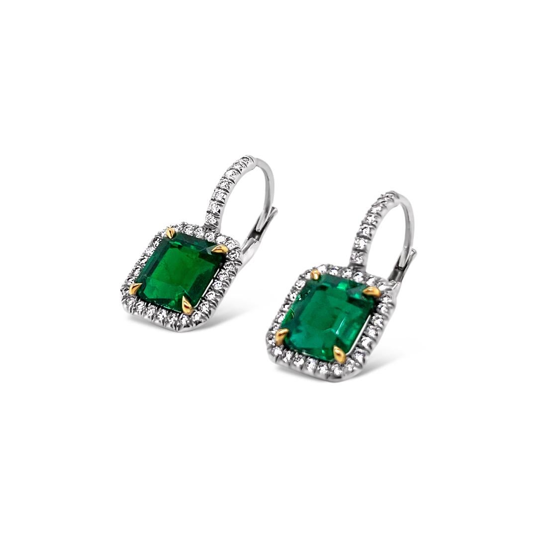 4.20 Carat 'total weight' Emerald and Diamond Halo Platinum Earrings For Sale 2