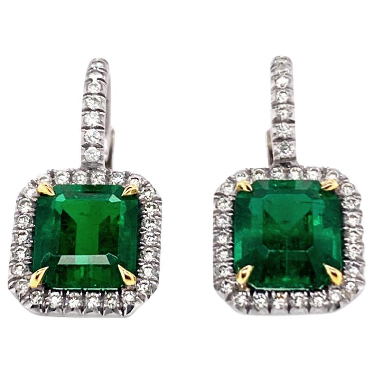 4.20 Carat 'total weight' Emerald and Diamond Halo Platinum Earrings For Sale